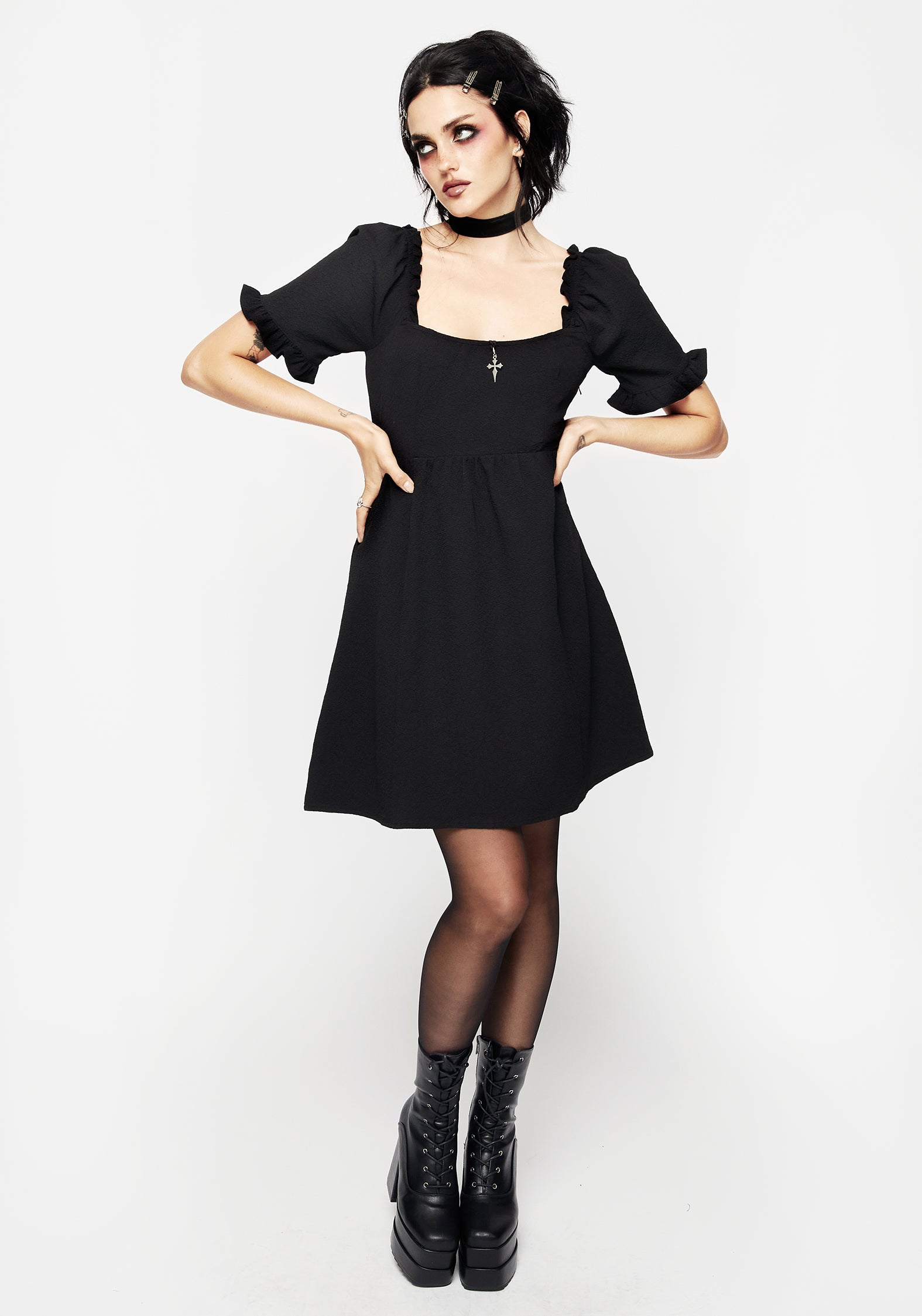 Black Square Neck Mini Dress with Frill Sleeves | Hathor