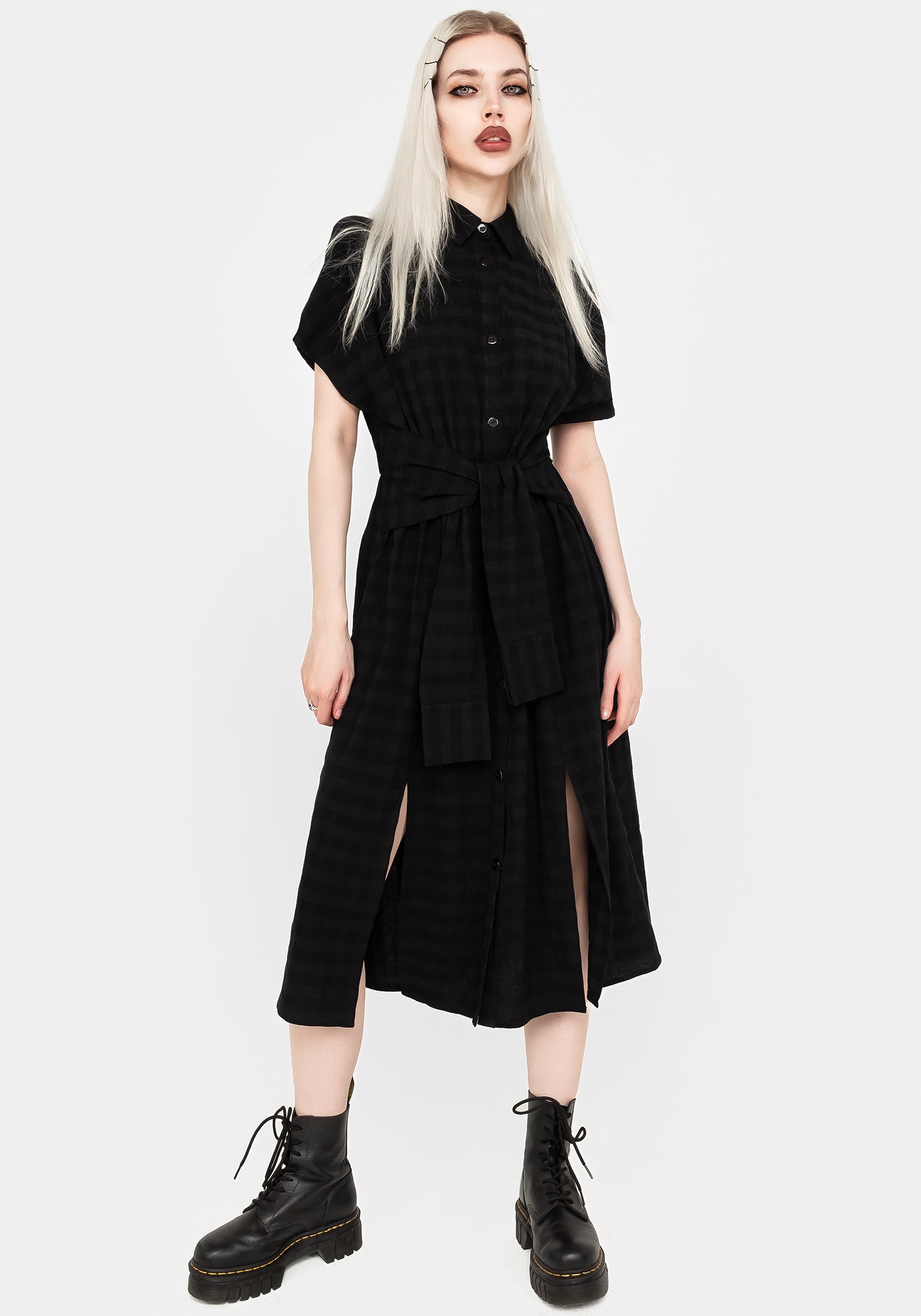 Black Check Midi Shirt Dress with Tie Waist & Front Splits | Hattie