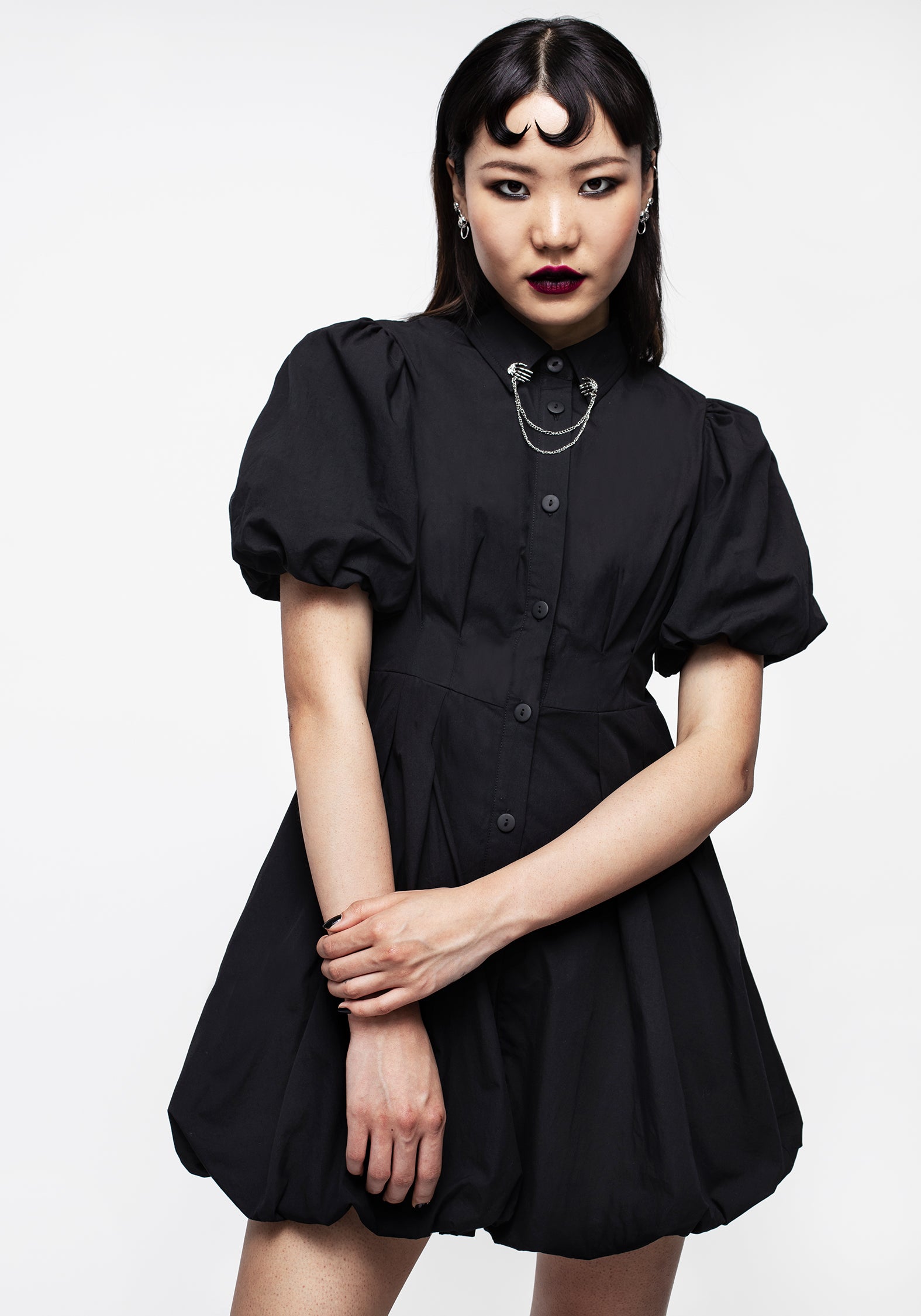 Black Skeleton Collar Mini Dress with Bubble Hem | Button-Up Shirt Dress