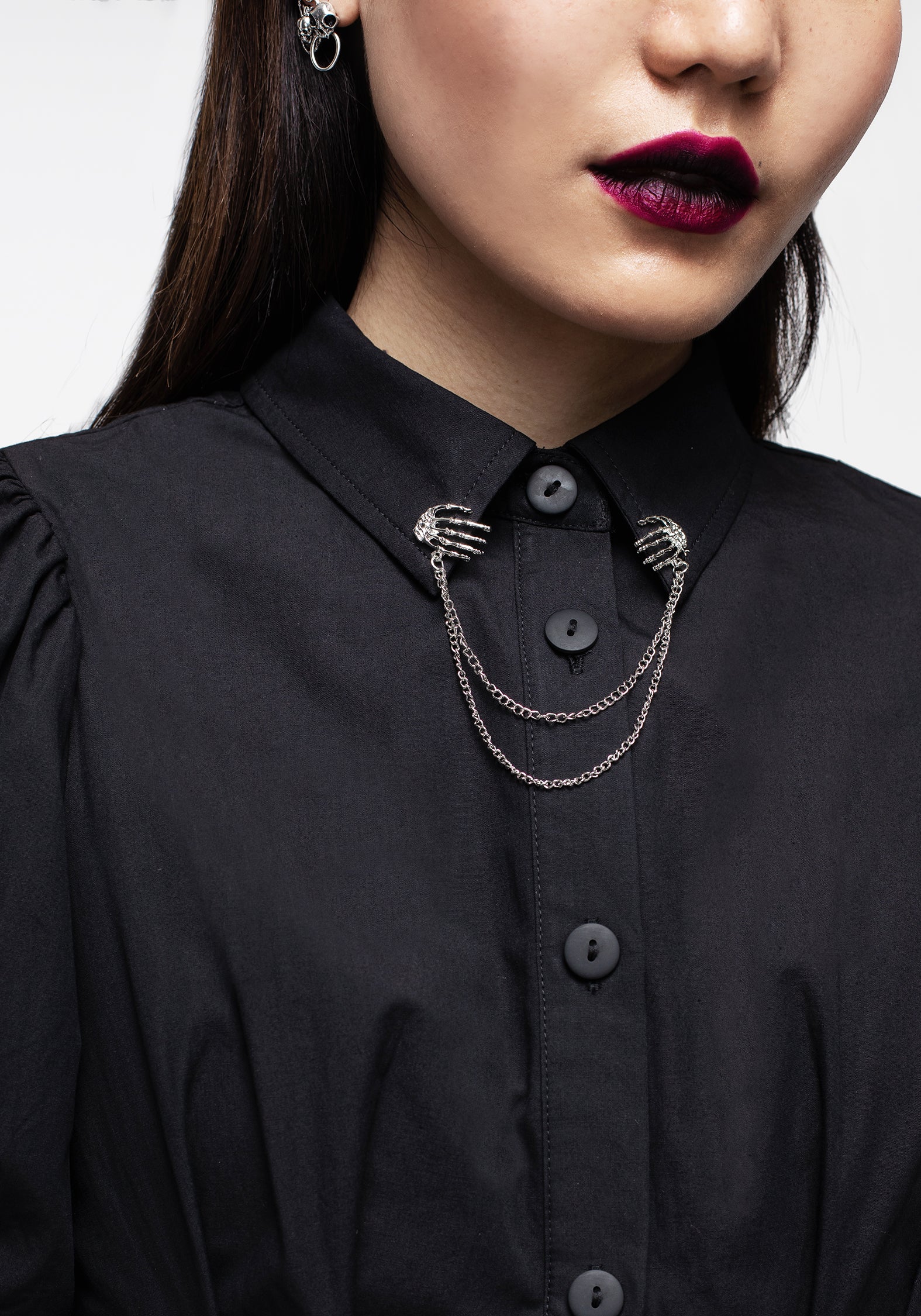 Black Skeleton Collar Mini Dress with Bubble Hem | Button-Up Shirt Dress
