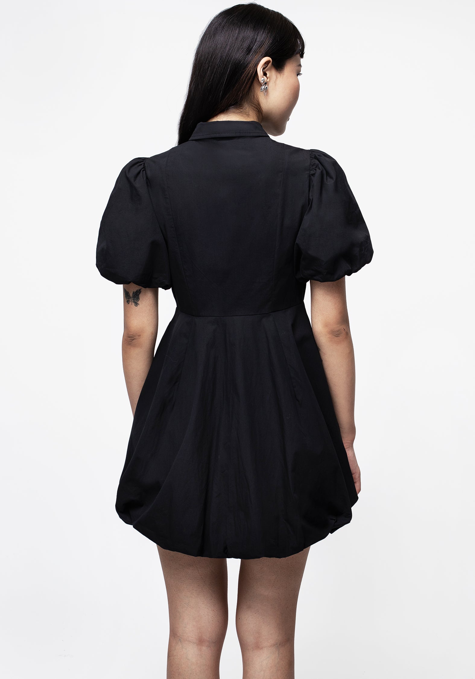 Black Skeleton Collar Mini Dress with Bubble Hem | Button-Up Shirt Dress