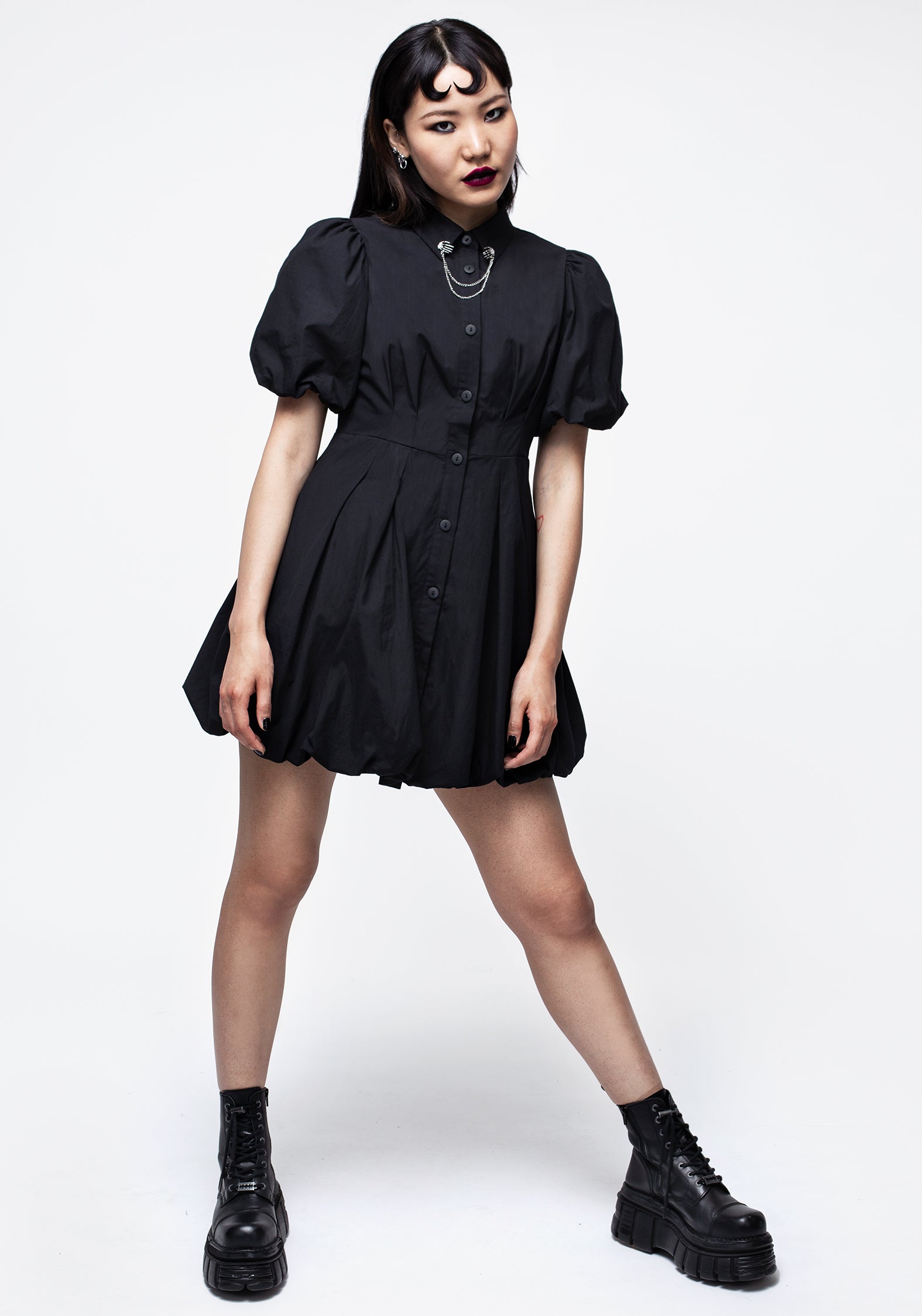 Black Skeleton Collar Mini Dress with Bubble Hem | Button-Up Shirt Dress