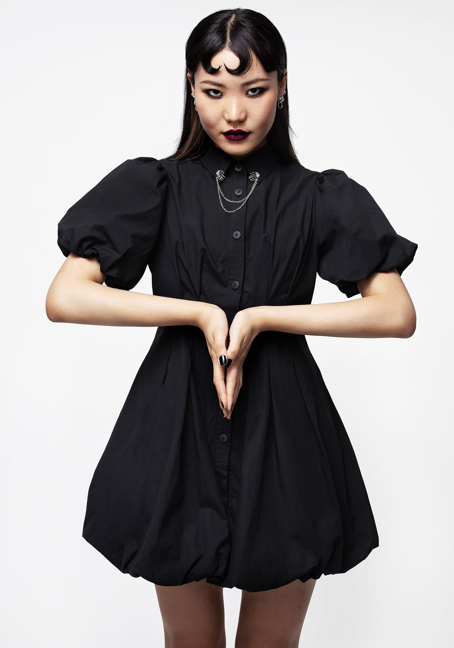 Black Skeleton Collar Mini Dress with Bubble Hem | Button-Up Shirt Dress