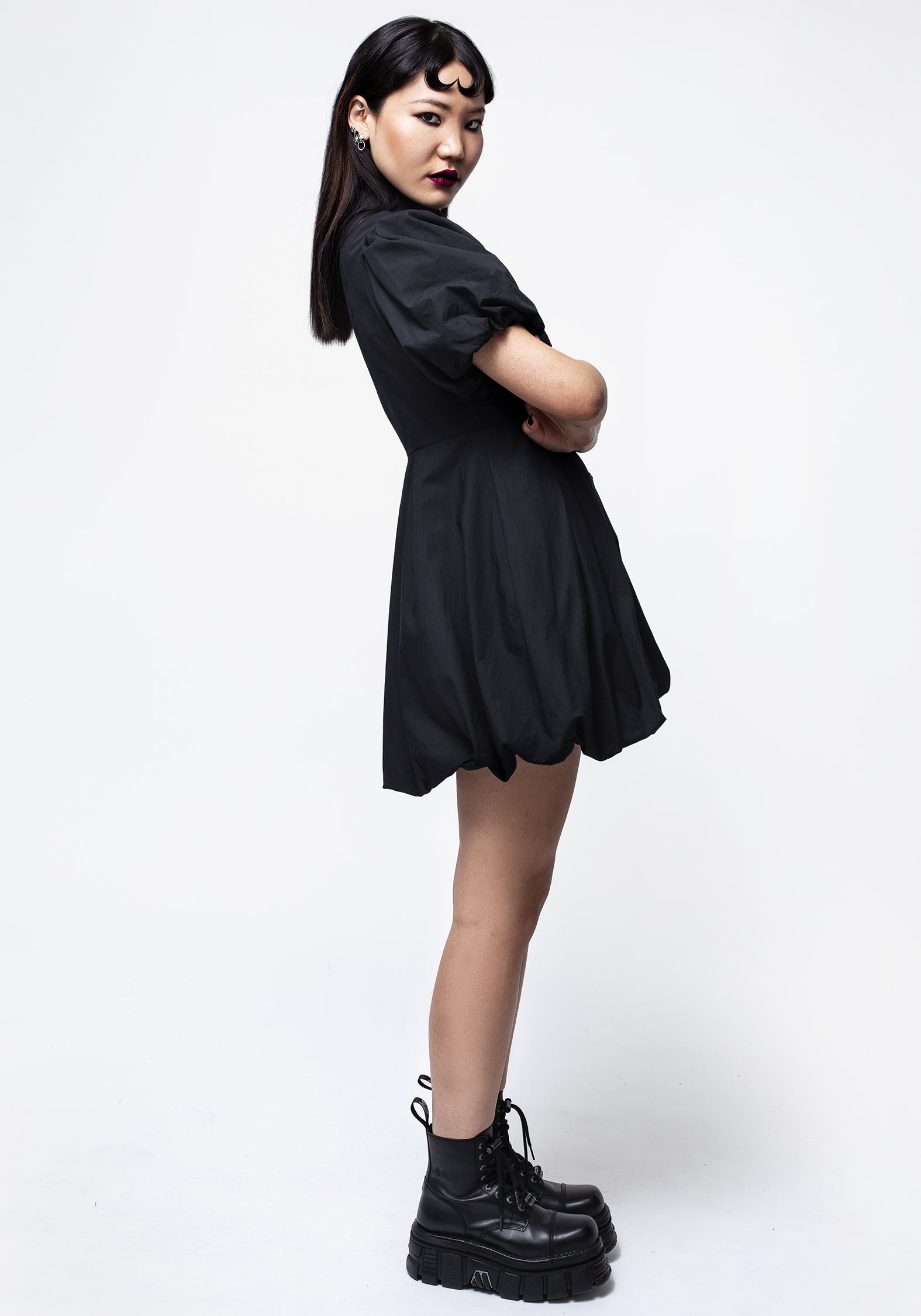 Black Skeleton Collar Mini Dress with Bubble Hem | Button-Up Shirt Dress