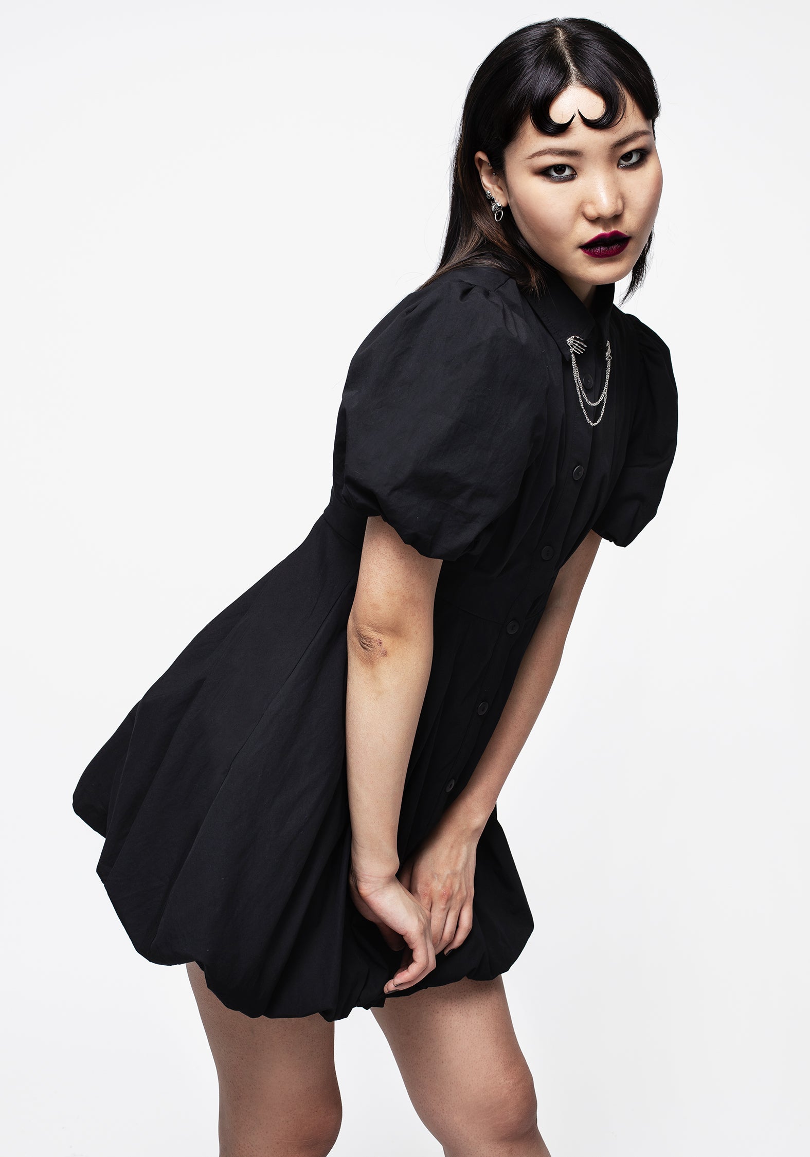 Black Skeleton Collar Mini Dress with Bubble Hem | Button-Up Shirt Dress