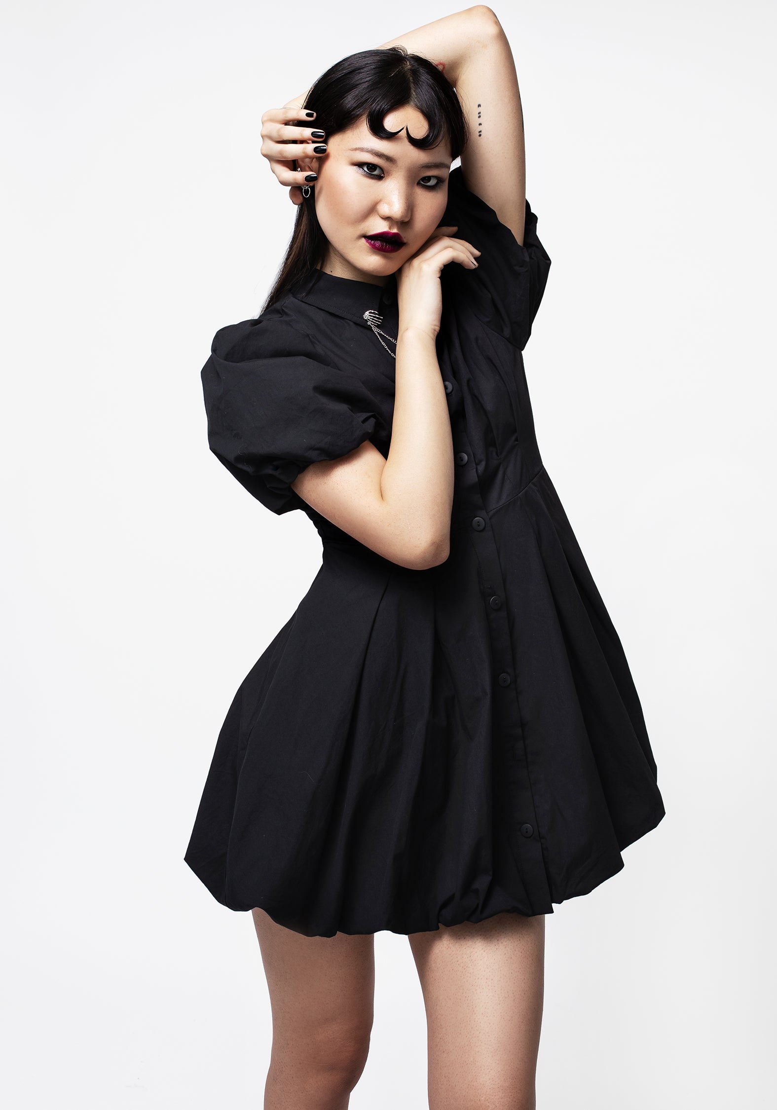 Black Skeleton Collar Mini Dress with Bubble Hem | Button-Up Shirt Dress