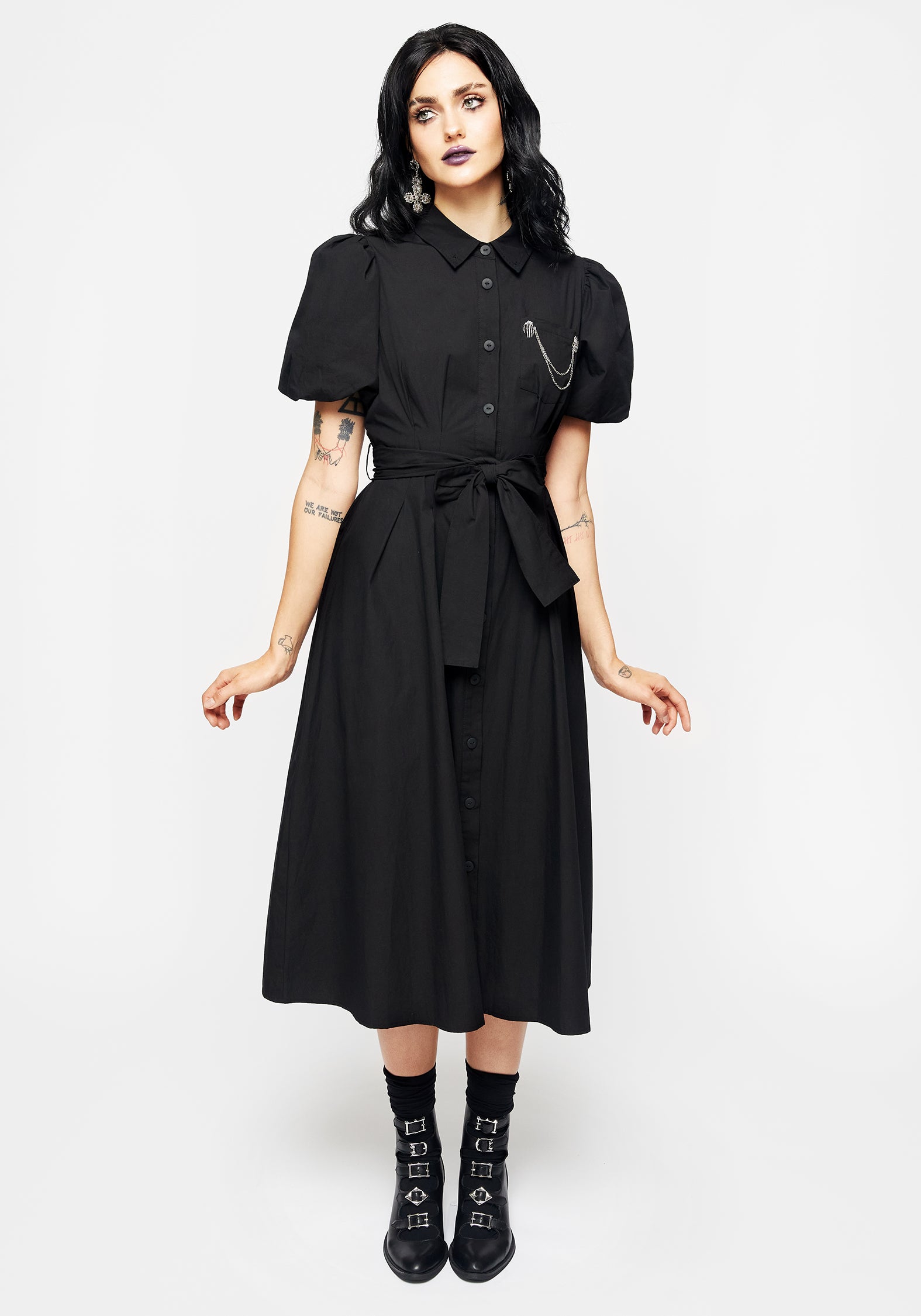Black Skeleton Collar Midi Shirt Dress with Chain Detail | Gothic Fashion