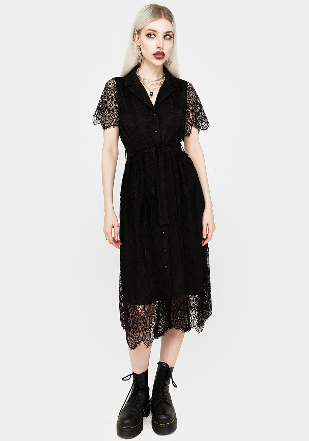 Black Lace Midi Shirt Dress with Notched Lapel & Scalloped Hem | Martyr Collar