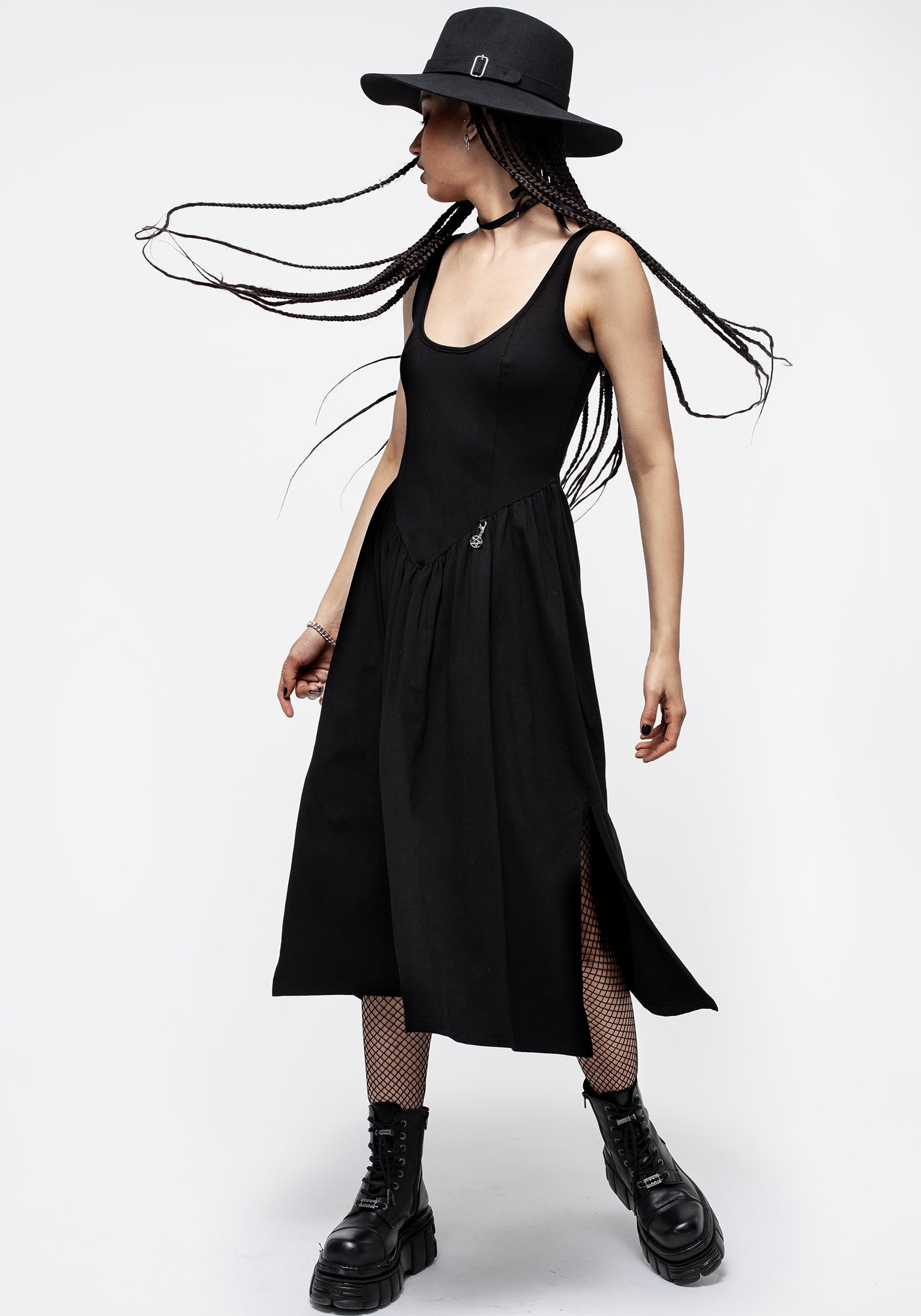 Black Basque Waist Midi Dress with Pentagram Charm | Astarte