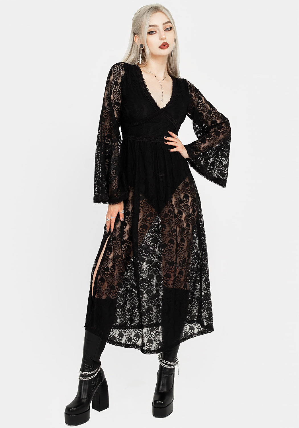 Black Sheer Skull Lace Bodysuit Dress with Built-in Lining | Morella