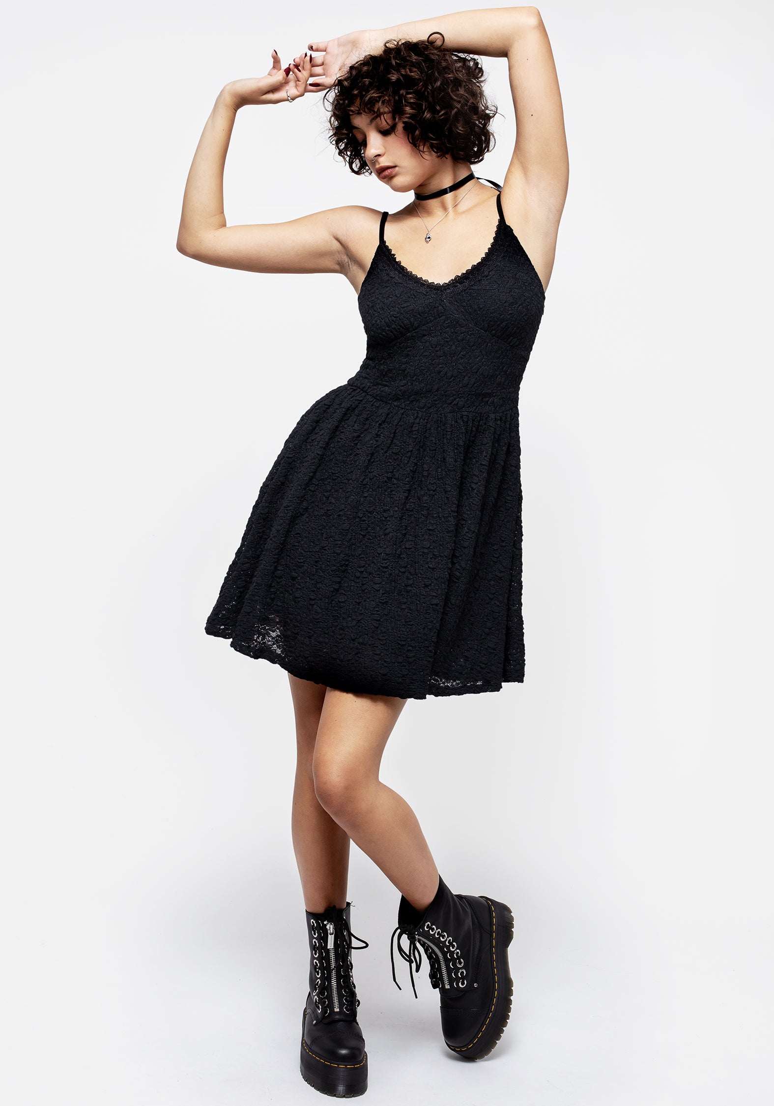 Black Textured Jersey Mini Dress with Lace Trim | Heartsick