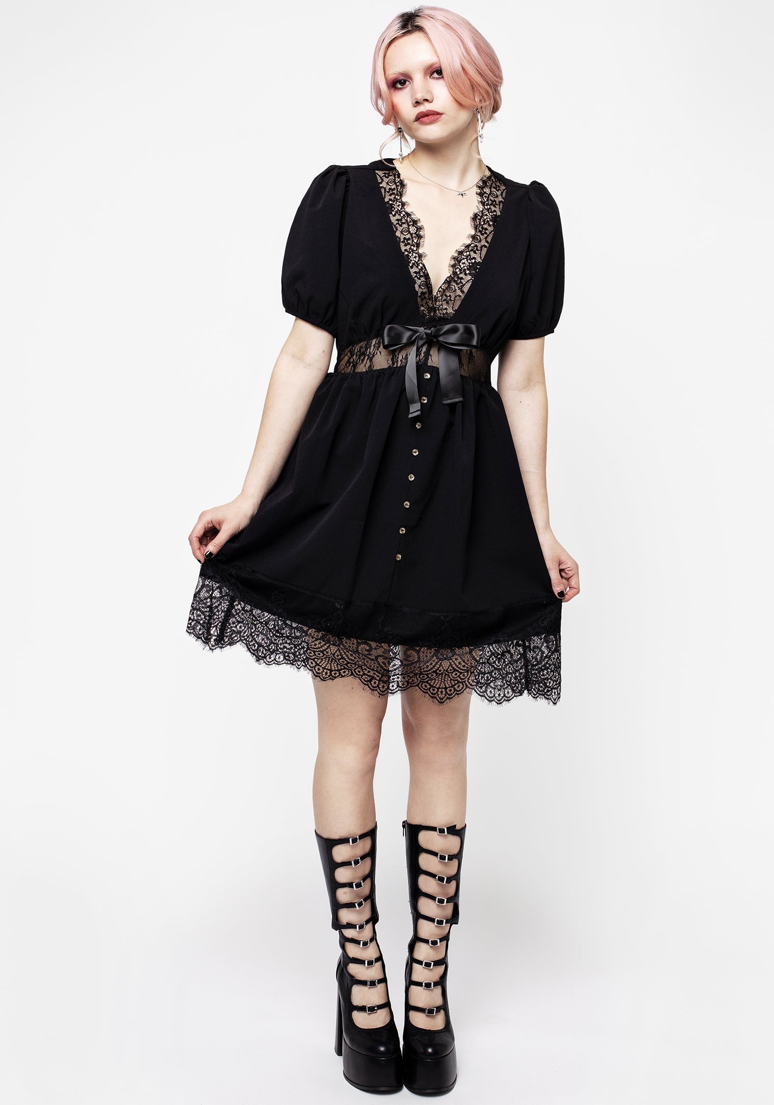 Black Lace Mini Dress with Sheer Panels & Puff Sleeves | Mortuary