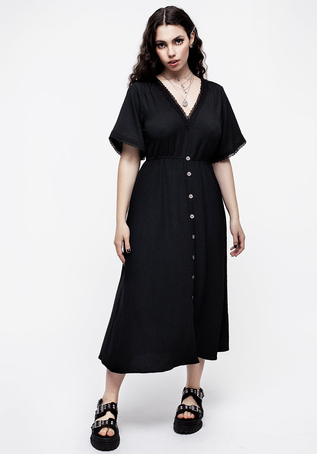 Black Crinkle Button Down Midi Dress with V-Neck & Lace Trim | Corruption