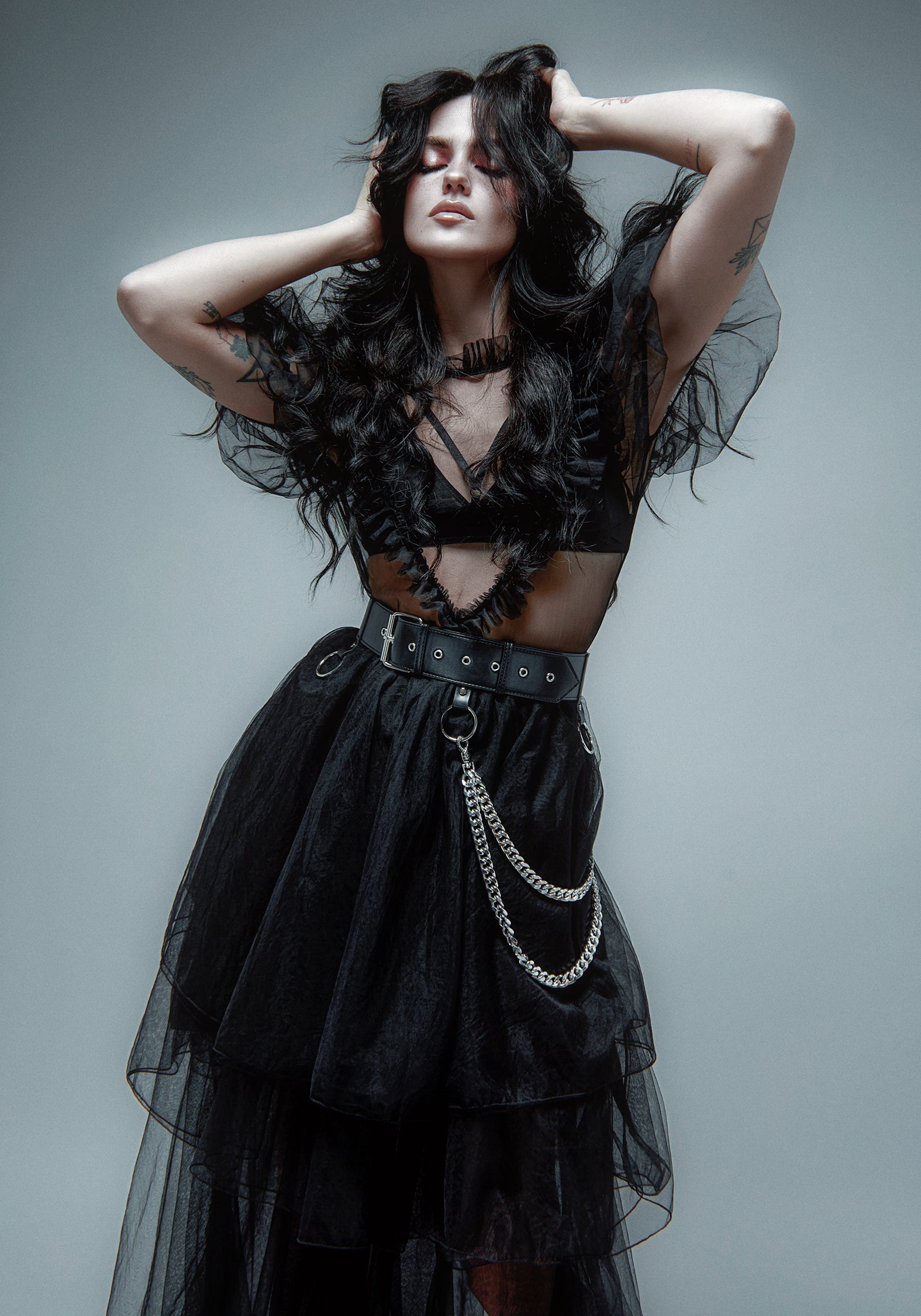 Black Sheer Layered Maxi Gown with Ruffled Collar | Disturbia x Xowie Jones