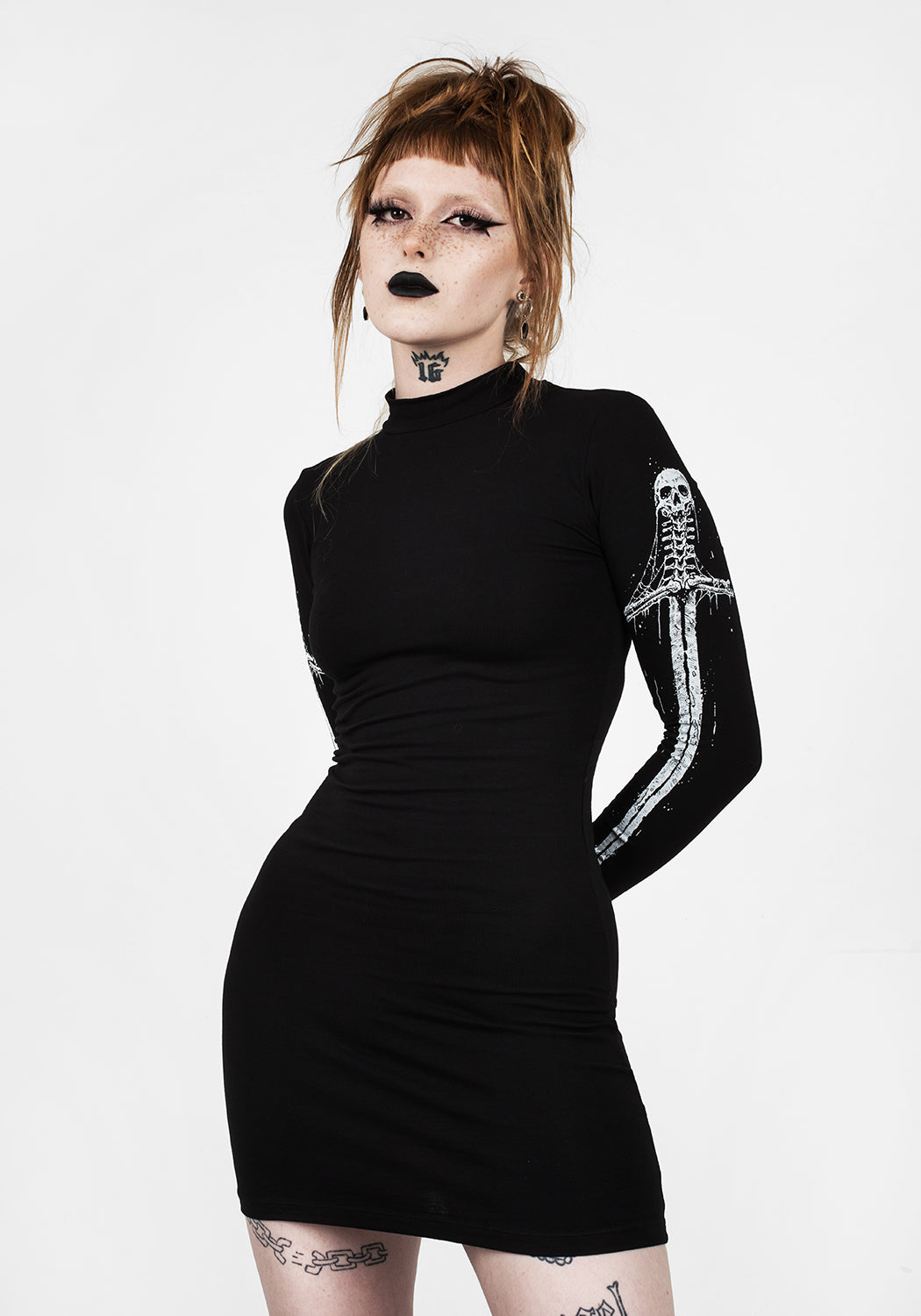 Black Mock Neck Bodycon Dress with Skull Print | Disturbia x Mark Riddick