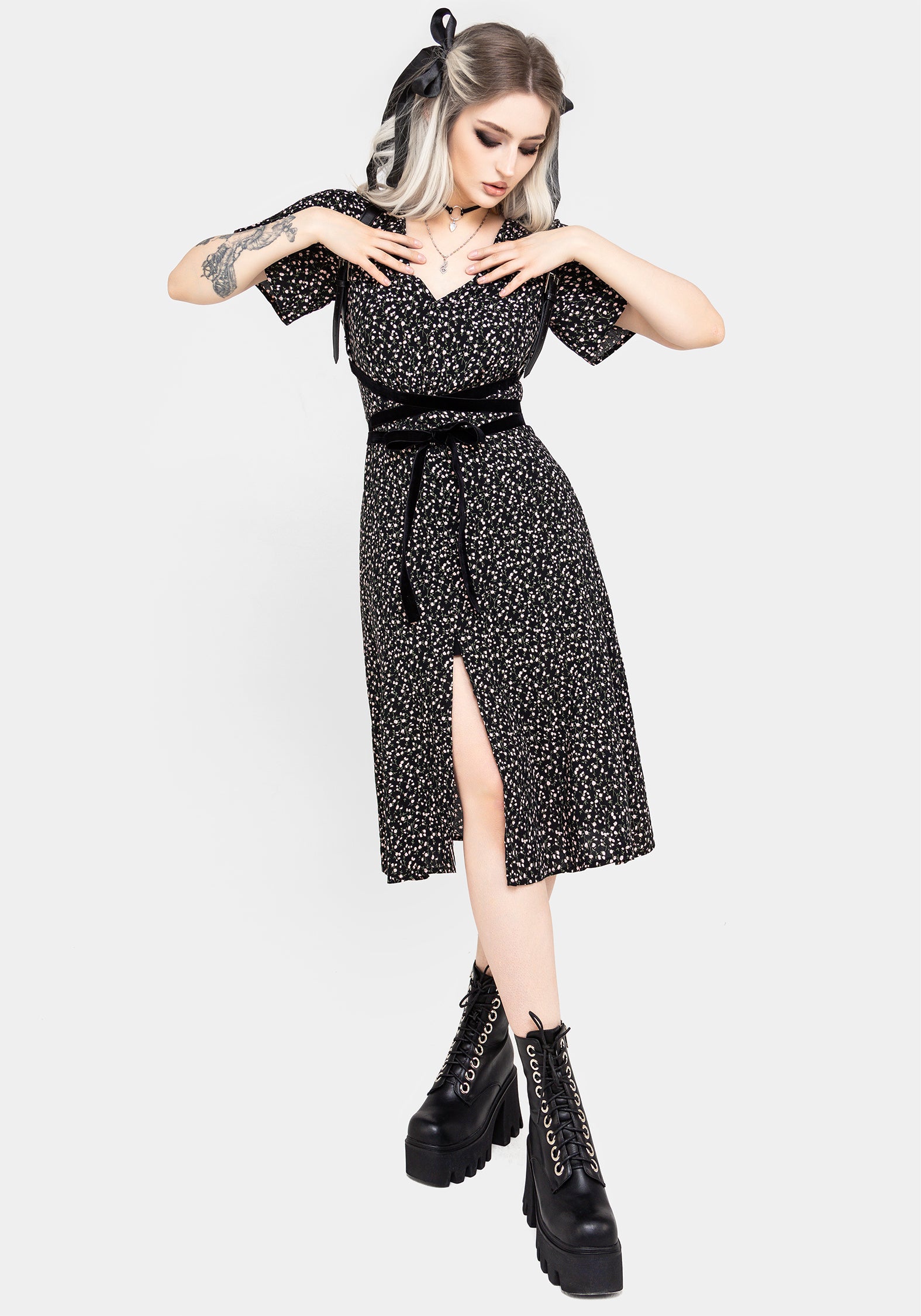 Black Floral Midi Dress with Bell Sleeves & V-Neck | Valley