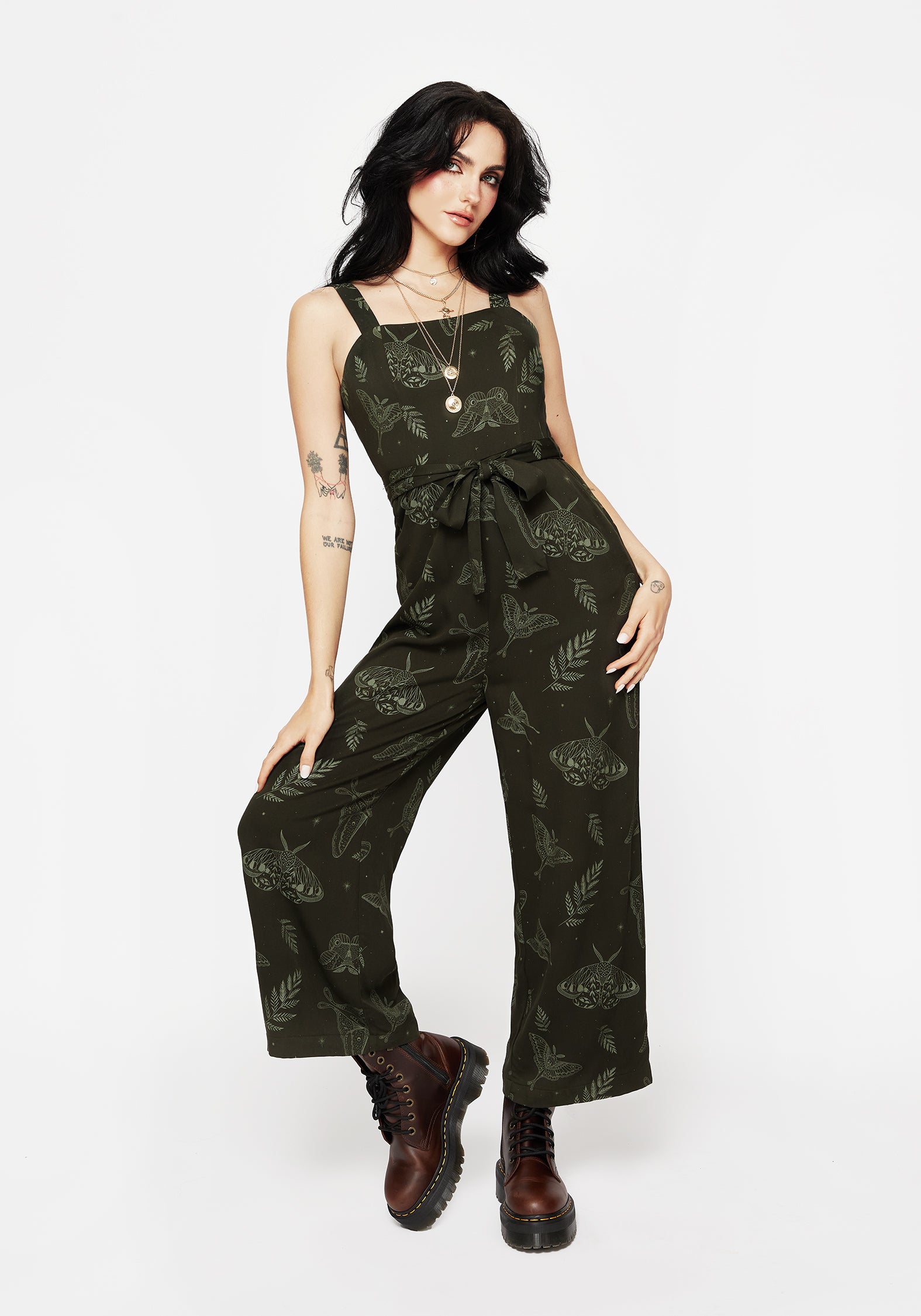 Dark Green Fern & Moth Print Wide Leg Jumpsuit with Pockets