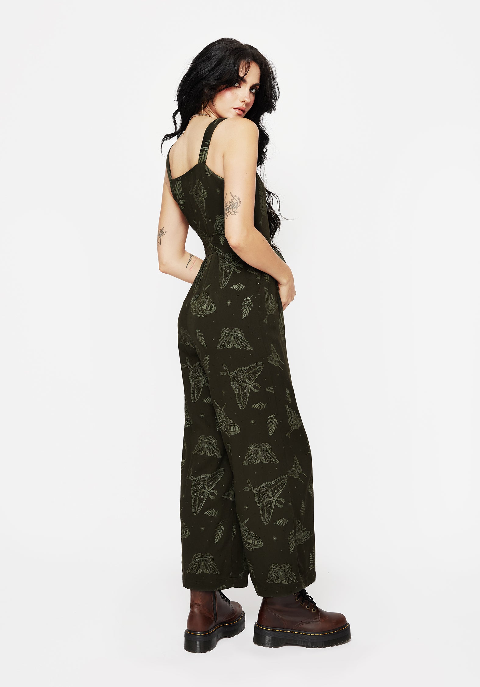 Dark Green Fern & Moth Print Wide Leg Jumpsuit with Pockets