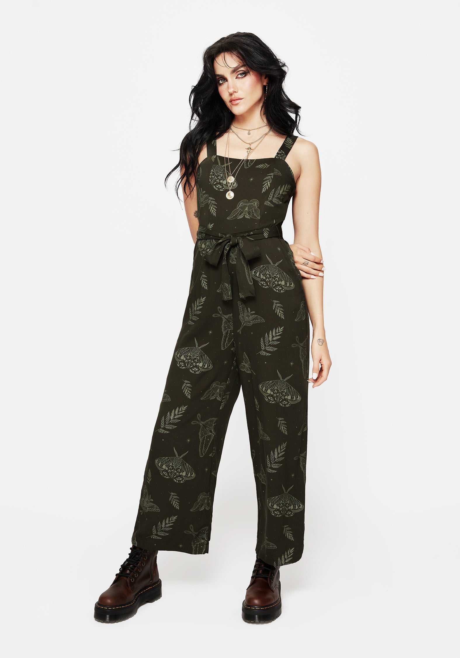 Dark Green Fern & Moth Print Wide Leg Jumpsuit with Pockets