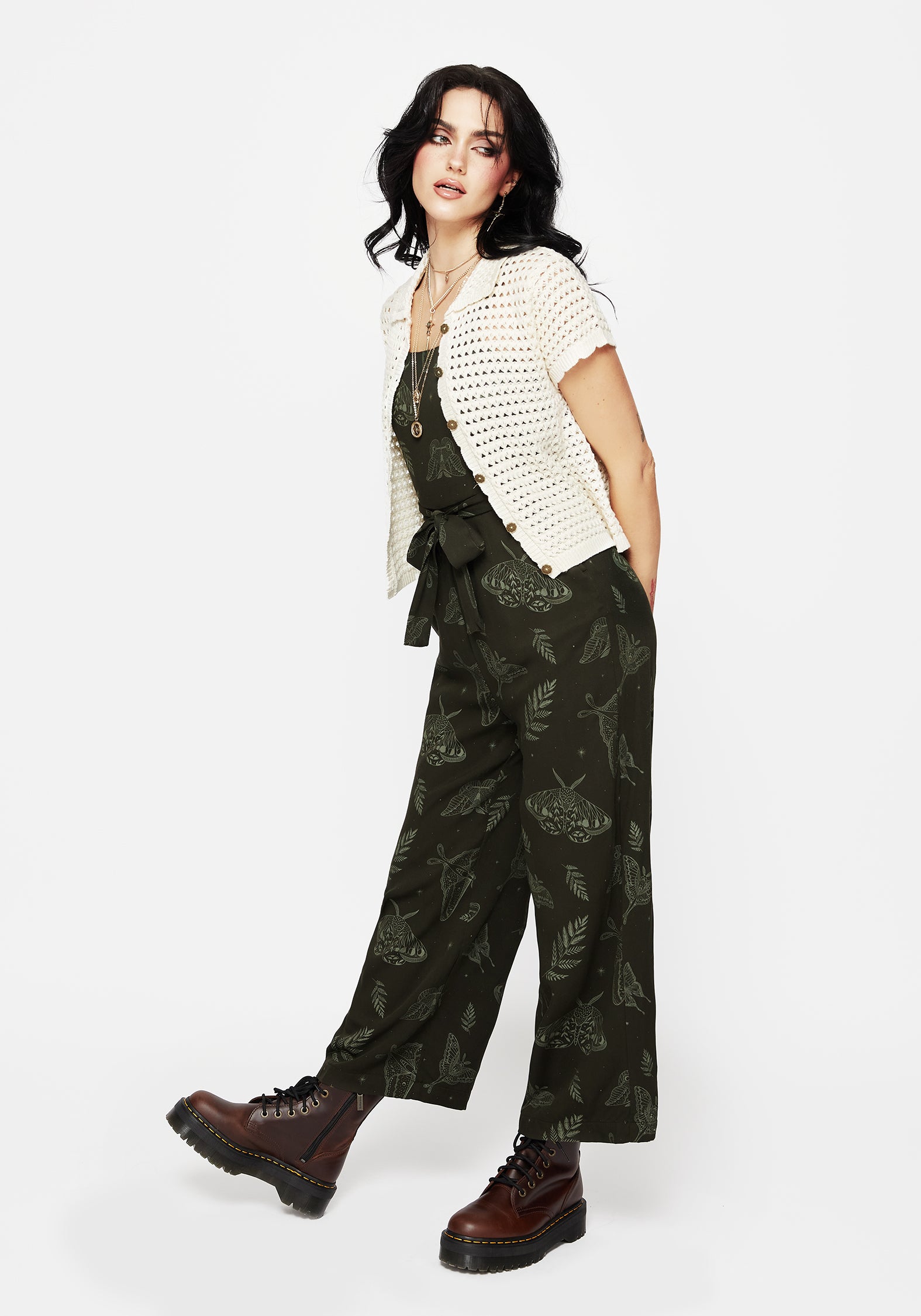 Dark Green Fern & Moth Print Wide Leg Jumpsuit with Pockets