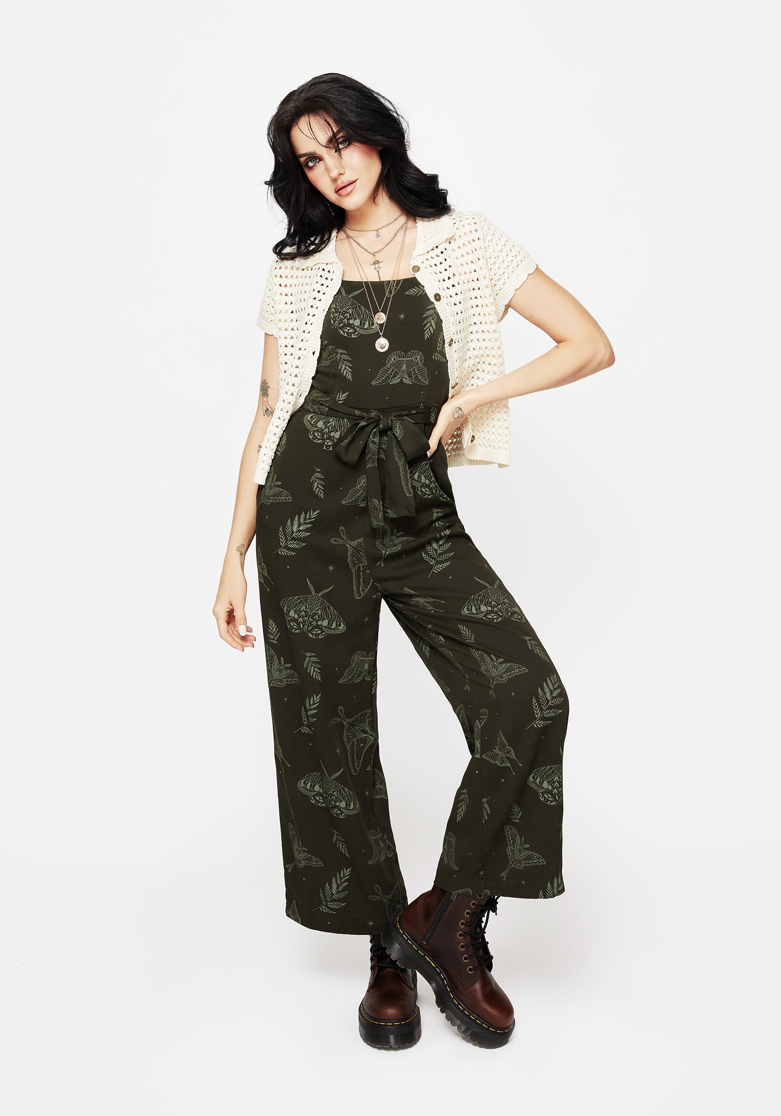 Dark Green Fern & Moth Print Wide Leg Jumpsuit with Pockets