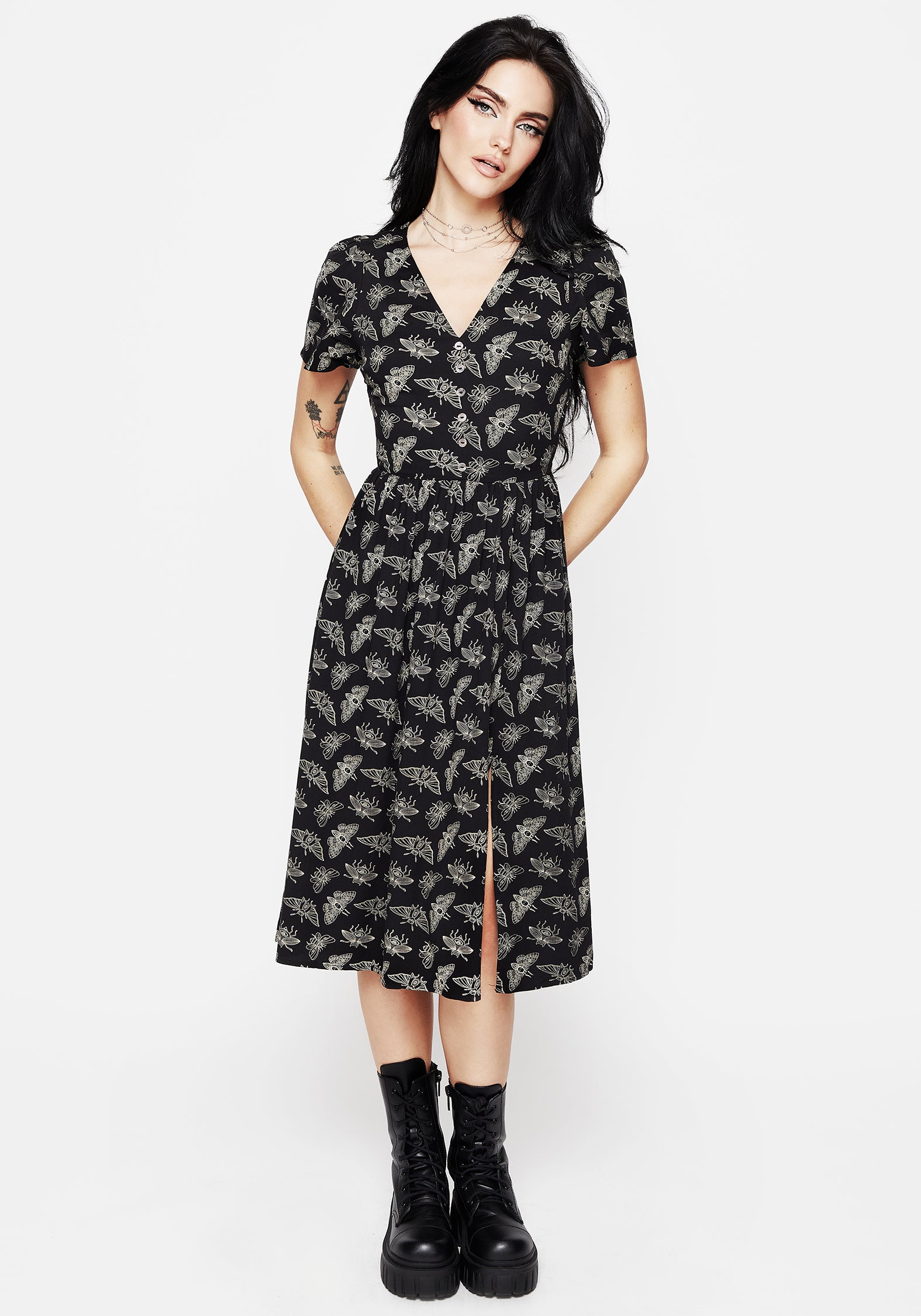 Black Moth Print Midi Dress with V-Neck & Leg Split | Mortmoth