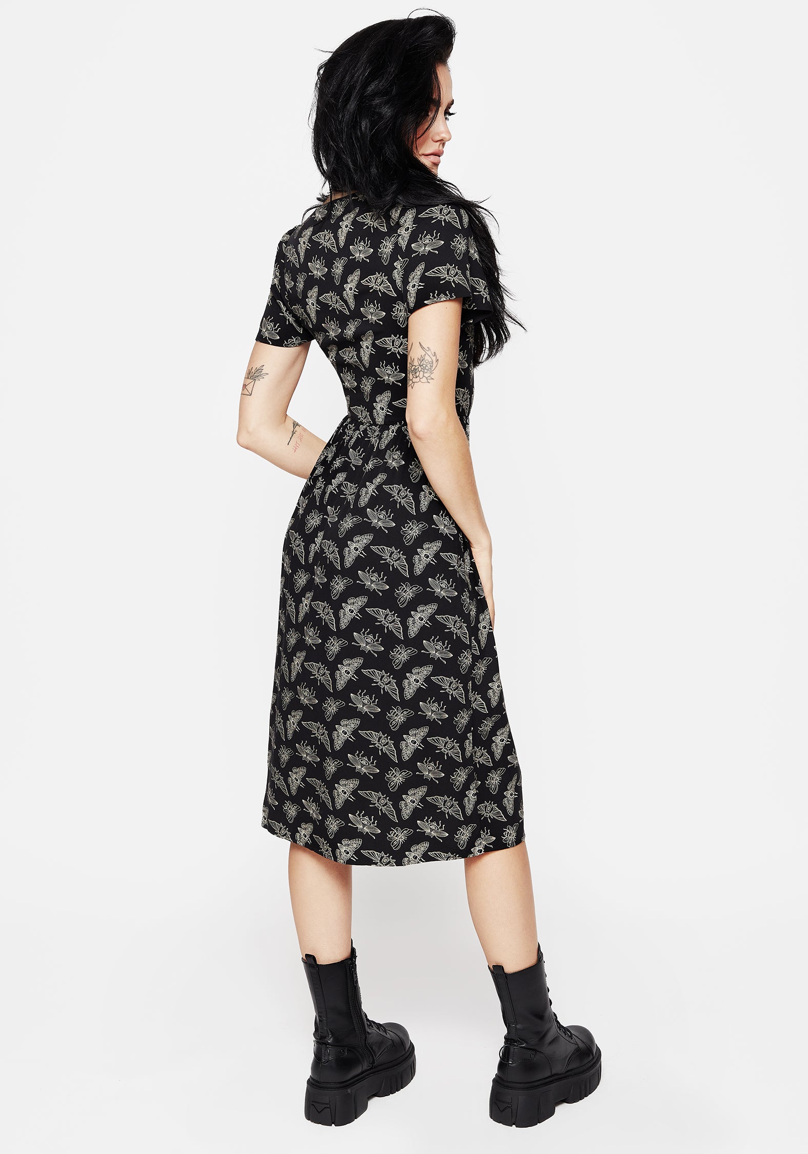 Black Moth Print Midi Dress with V-Neck & Leg Split | Mortmoth