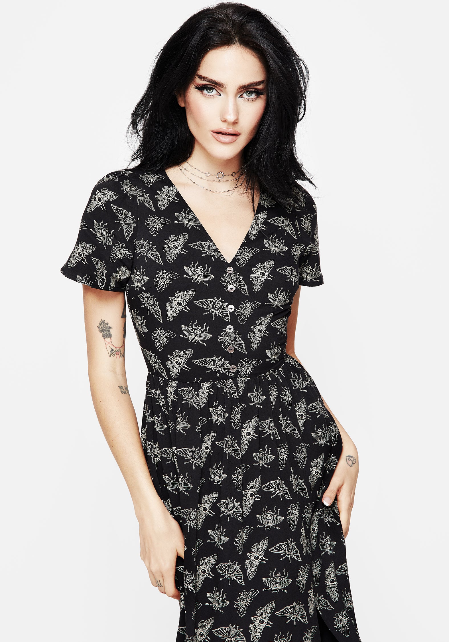 Black Moth Print Midi Dress with V-Neck & Leg Split | Mortmoth