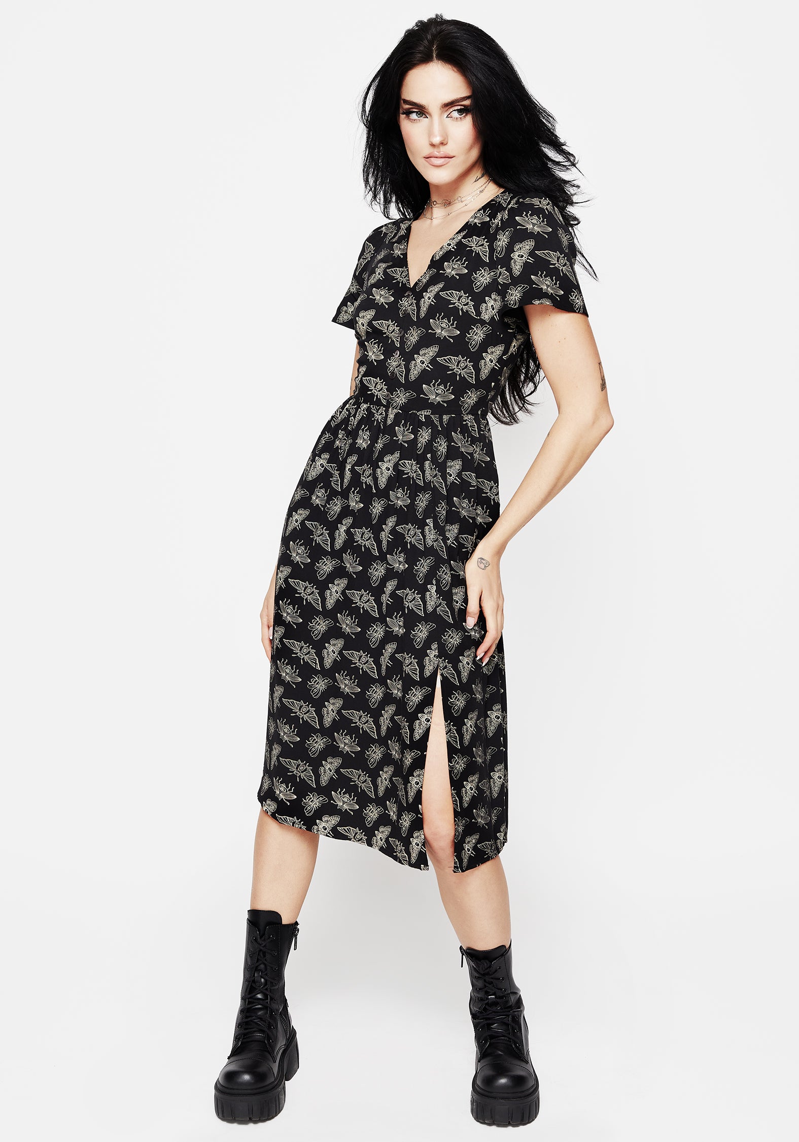 Black Moth Print Midi Dress with V-Neck & Leg Split | Mortmoth