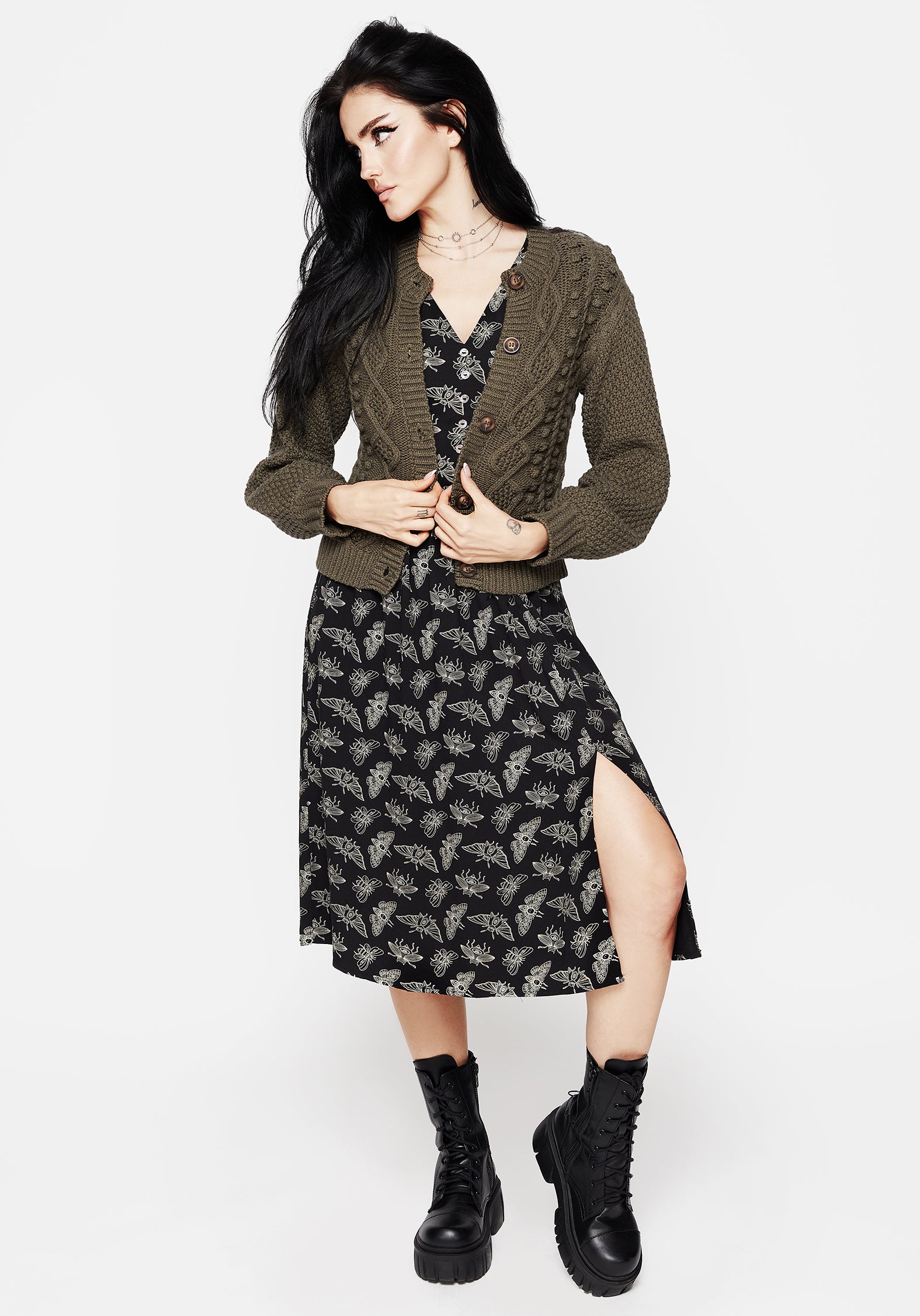 Black Moth Print Midi Dress with V-Neck & Leg Split | Mortmoth