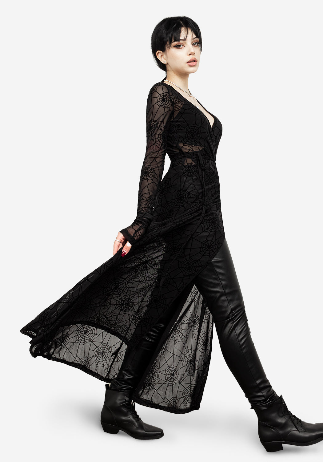 Spiderweb Mesh Wrap Dress with Long Sleeves & Waist Tie | Venom