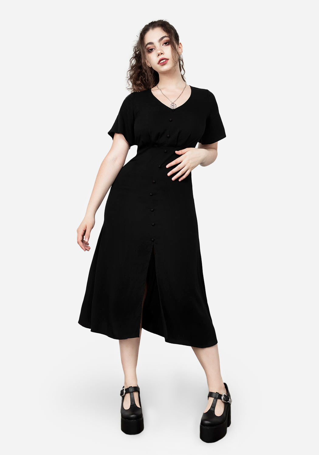 Black A-Line Midi Dress with Front Split & V-Neck | Hestia