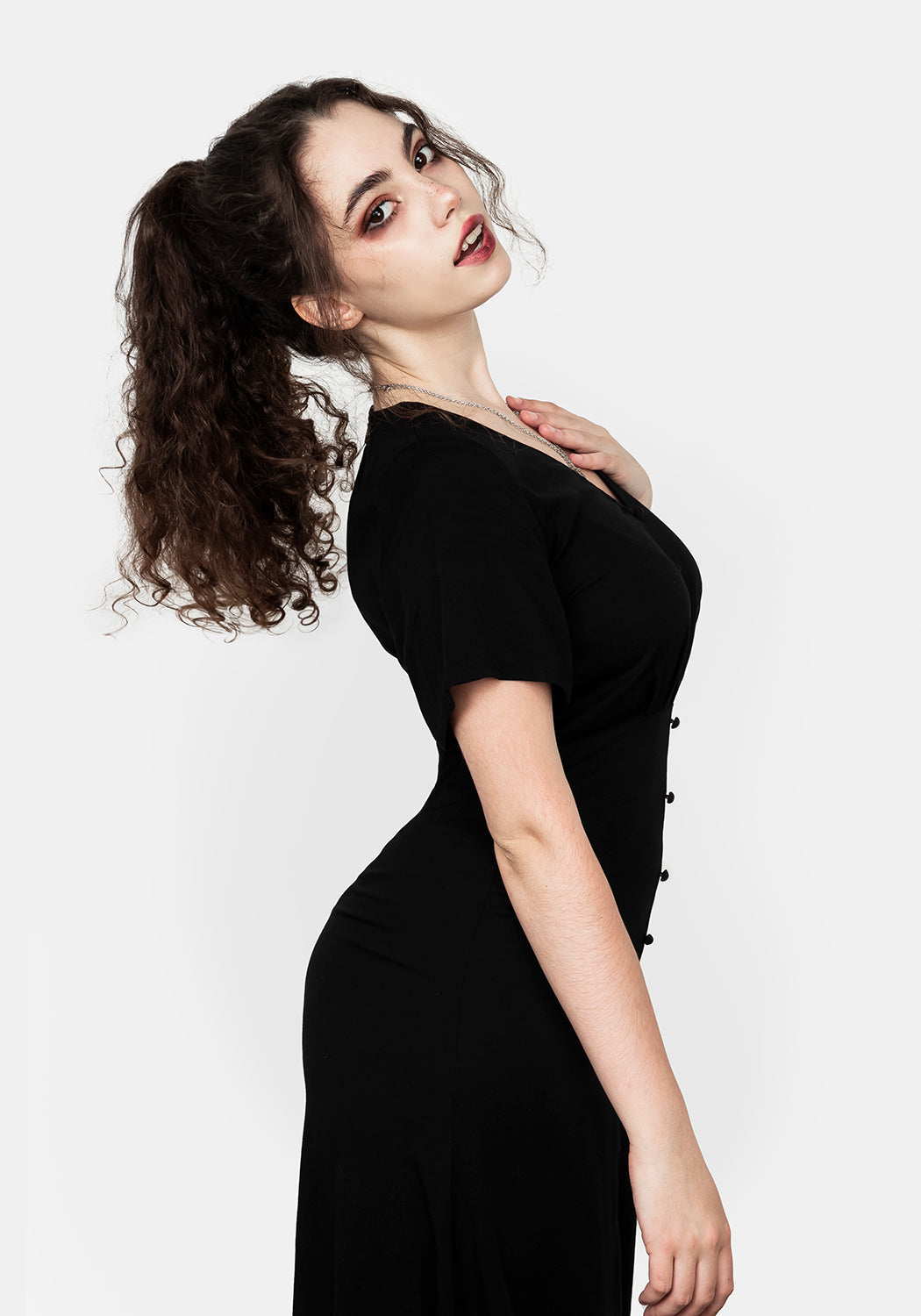 Black A-Line Midi Dress with Front Split & V-Neck | Hestia