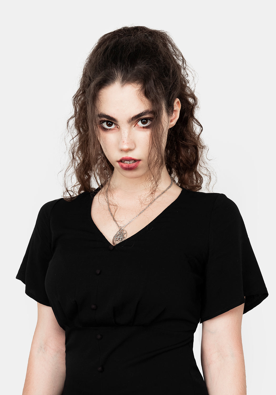 Black A-Line Midi Dress with Front Split & V-Neck | Hestia