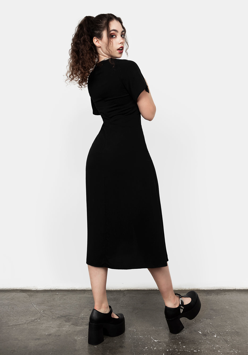 Black A-Line Midi Dress with Front Split & V-Neck | Hestia