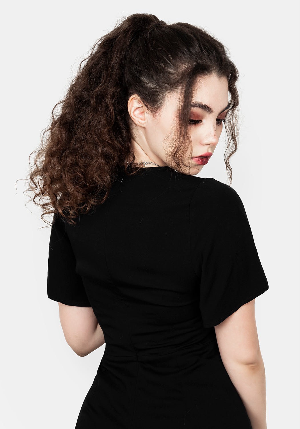 Black A-Line Midi Dress with Front Split & V-Neck | Hestia