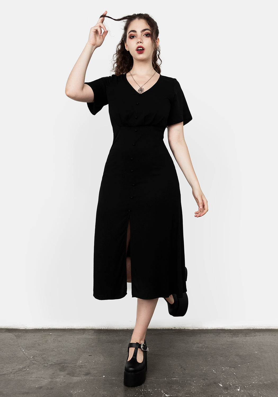Black A-Line Midi Dress with Front Split & V-Neck | Hestia