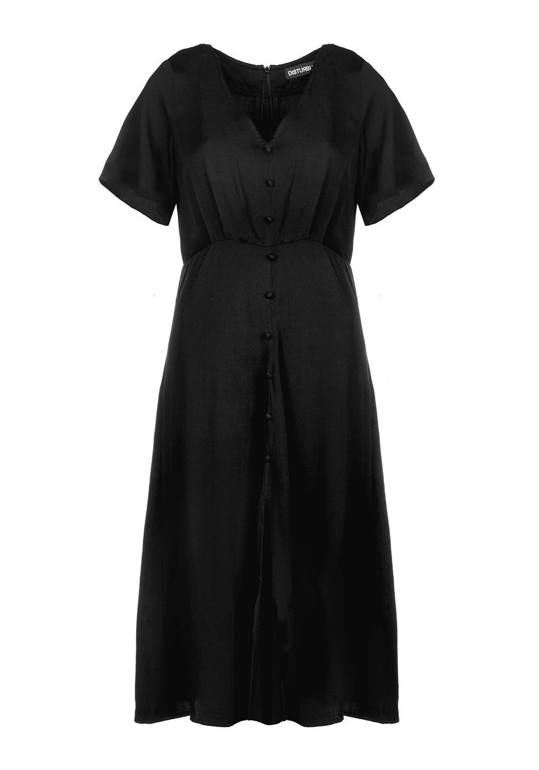 Black A-Line Midi Dress with Front Split & V-Neck | Hestia