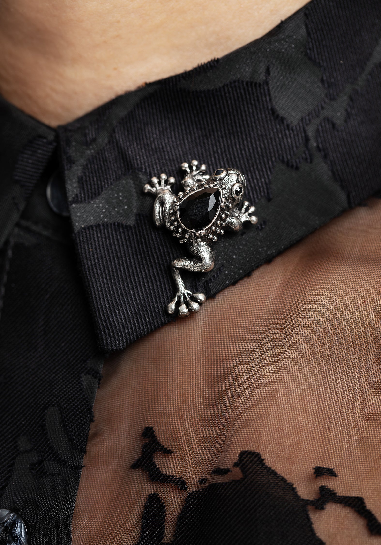 Silver Frog Brooch Pin with Black Gems | Bheki