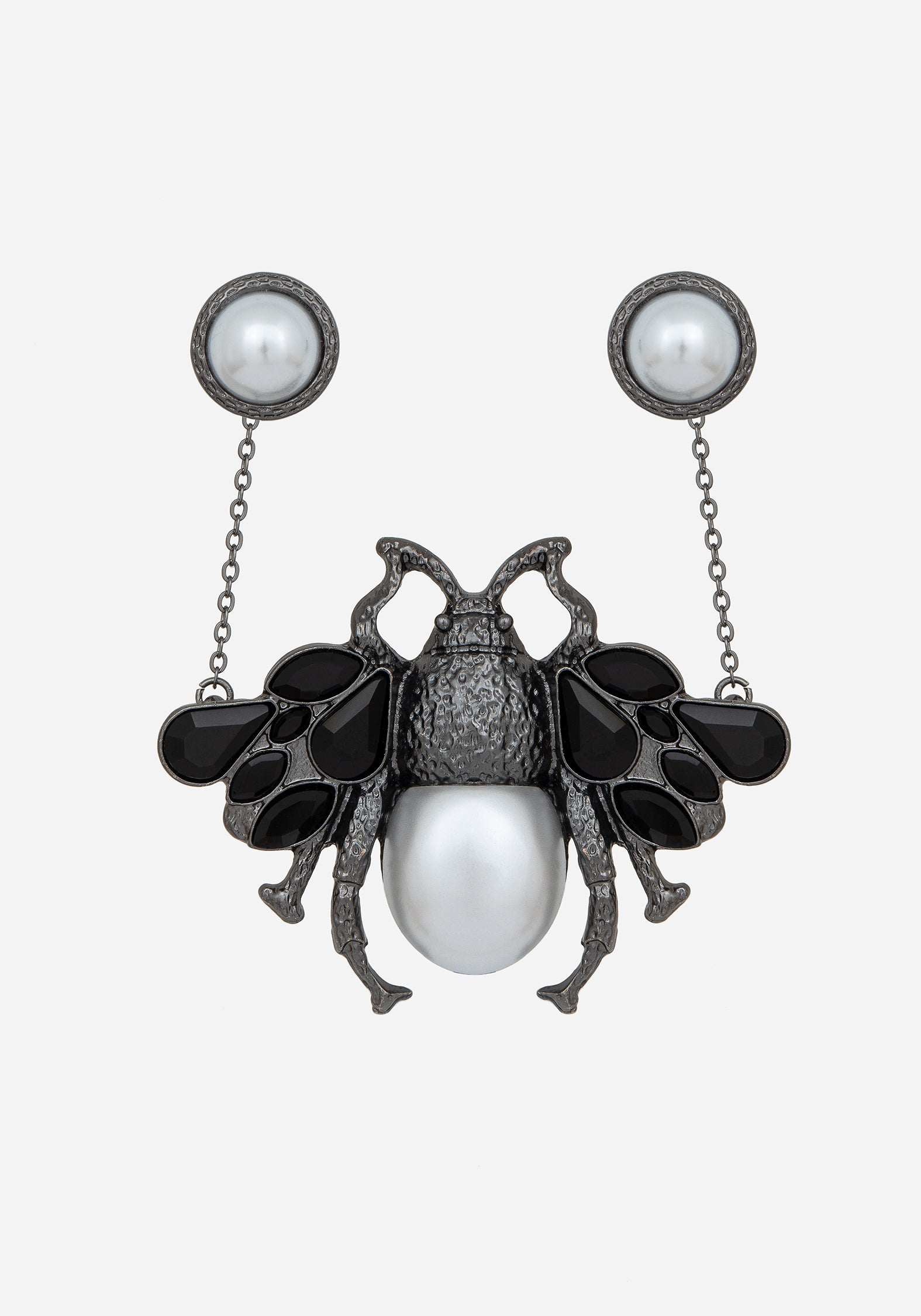 Bug Collar Chain Brooch with Pearl & Black Gems | Gunmetal Jewelry