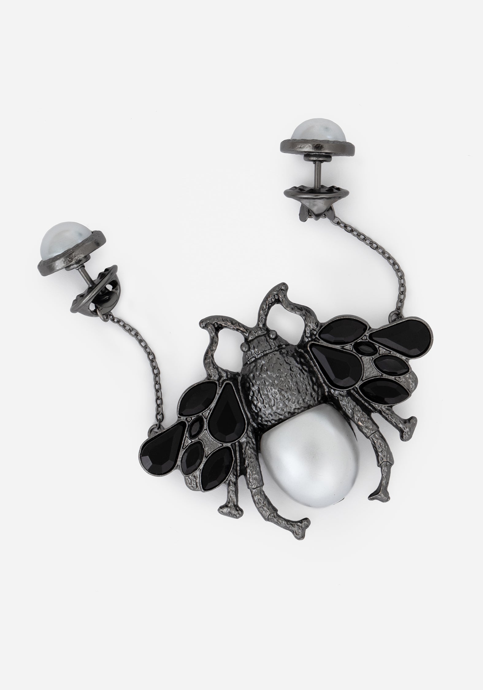 Bug Collar Chain Brooch with Pearl & Black Gems | Gunmetal Jewelry