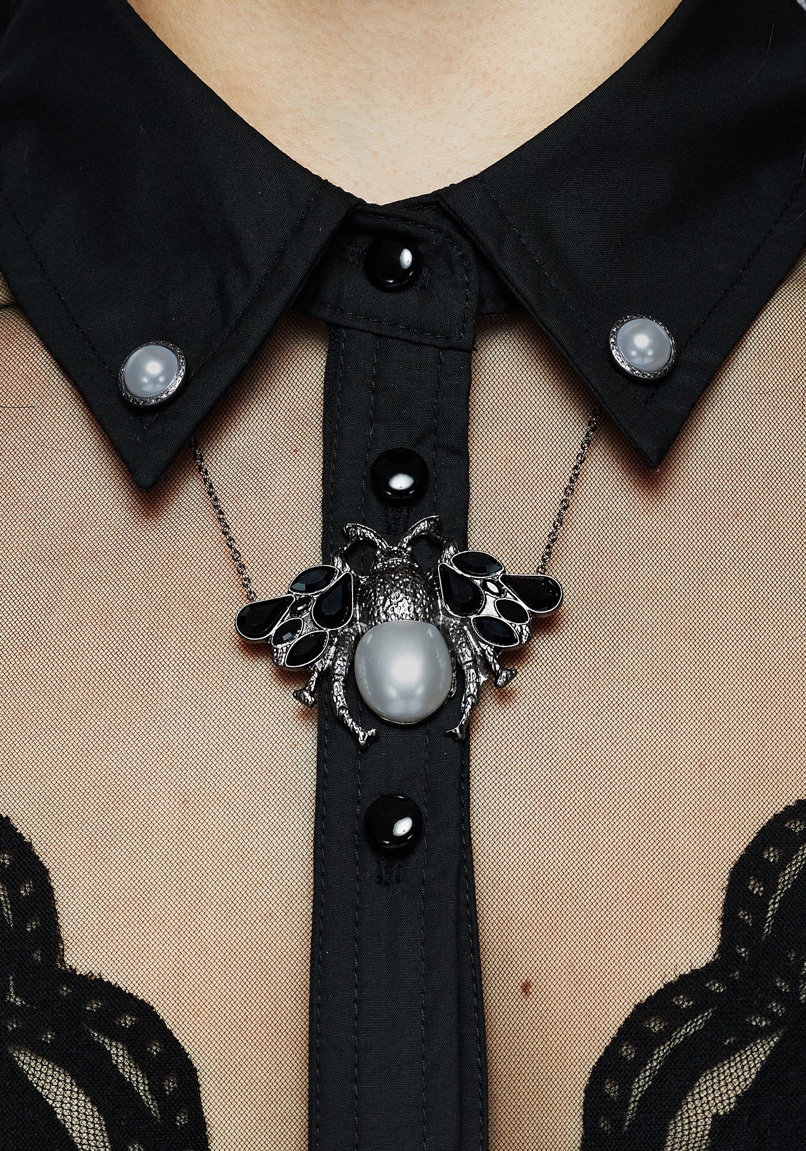 Bug Collar Chain Brooch with Pearl & Black Gems | Gunmetal Jewelry