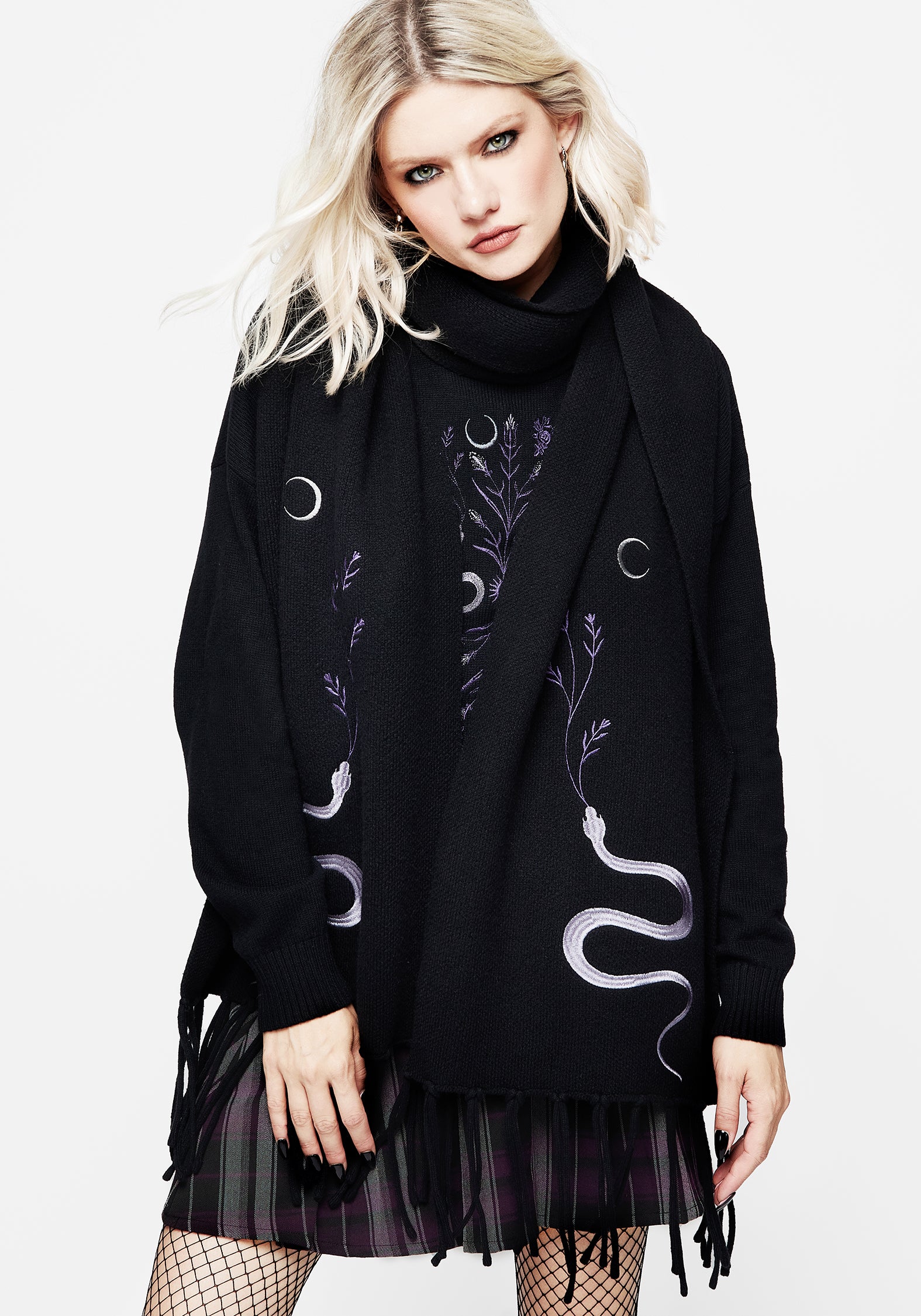 Black Snake Embroidered Knit Scarf with Lilac Moon Detail | Dominion