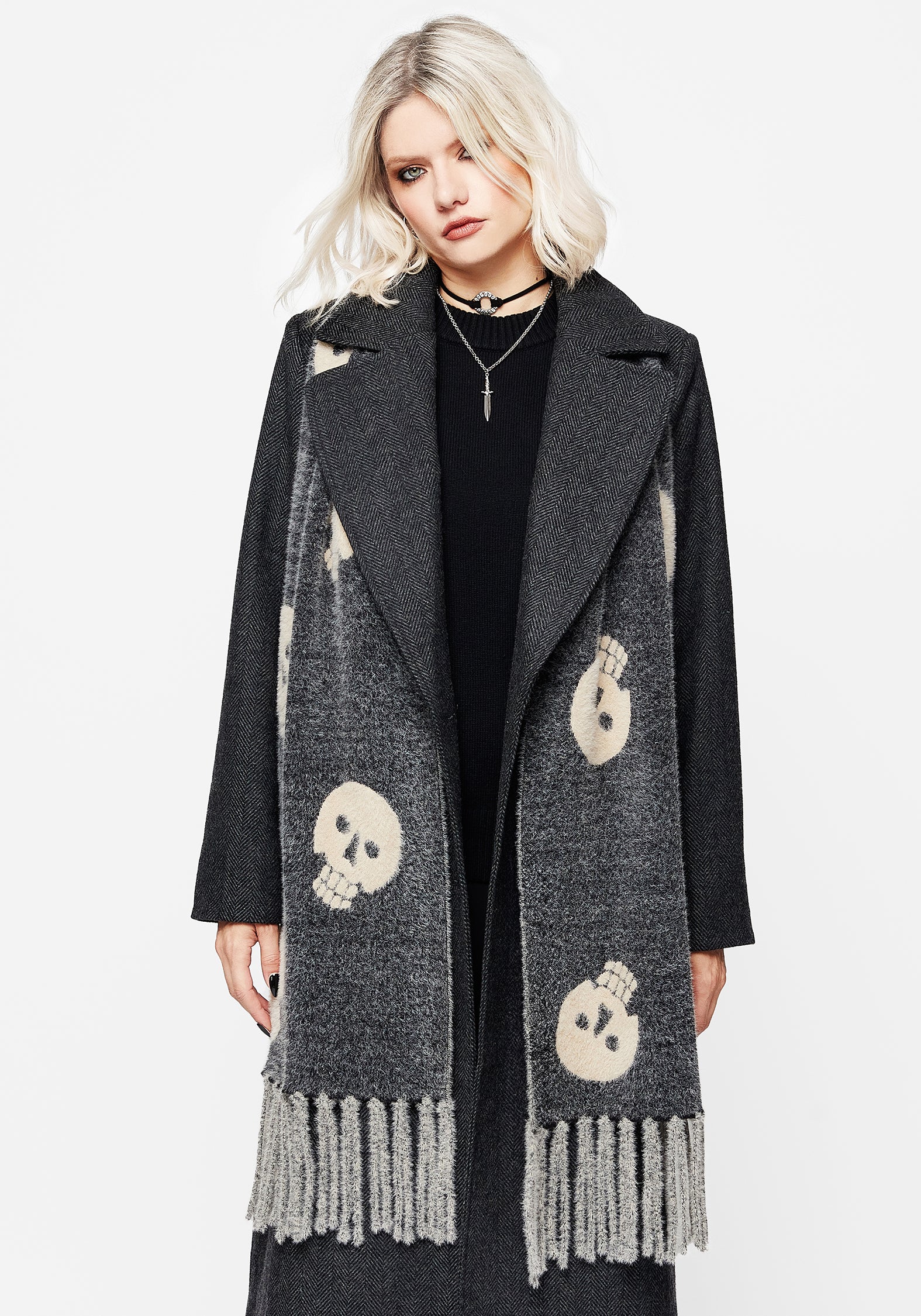Skull Knit Scarf - Black & Grey Jacquard Design with Tassels | Crania