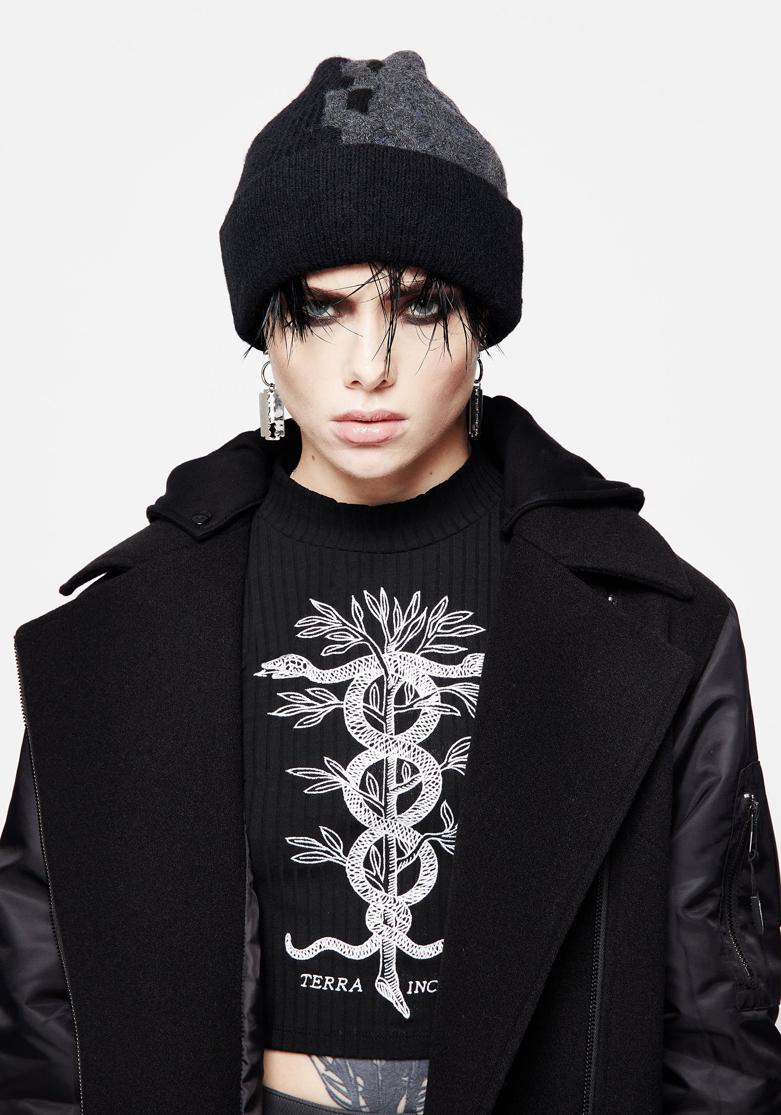 Black & Grey Spliced Knit Beanie with Ribbed Hem | Jetsam
