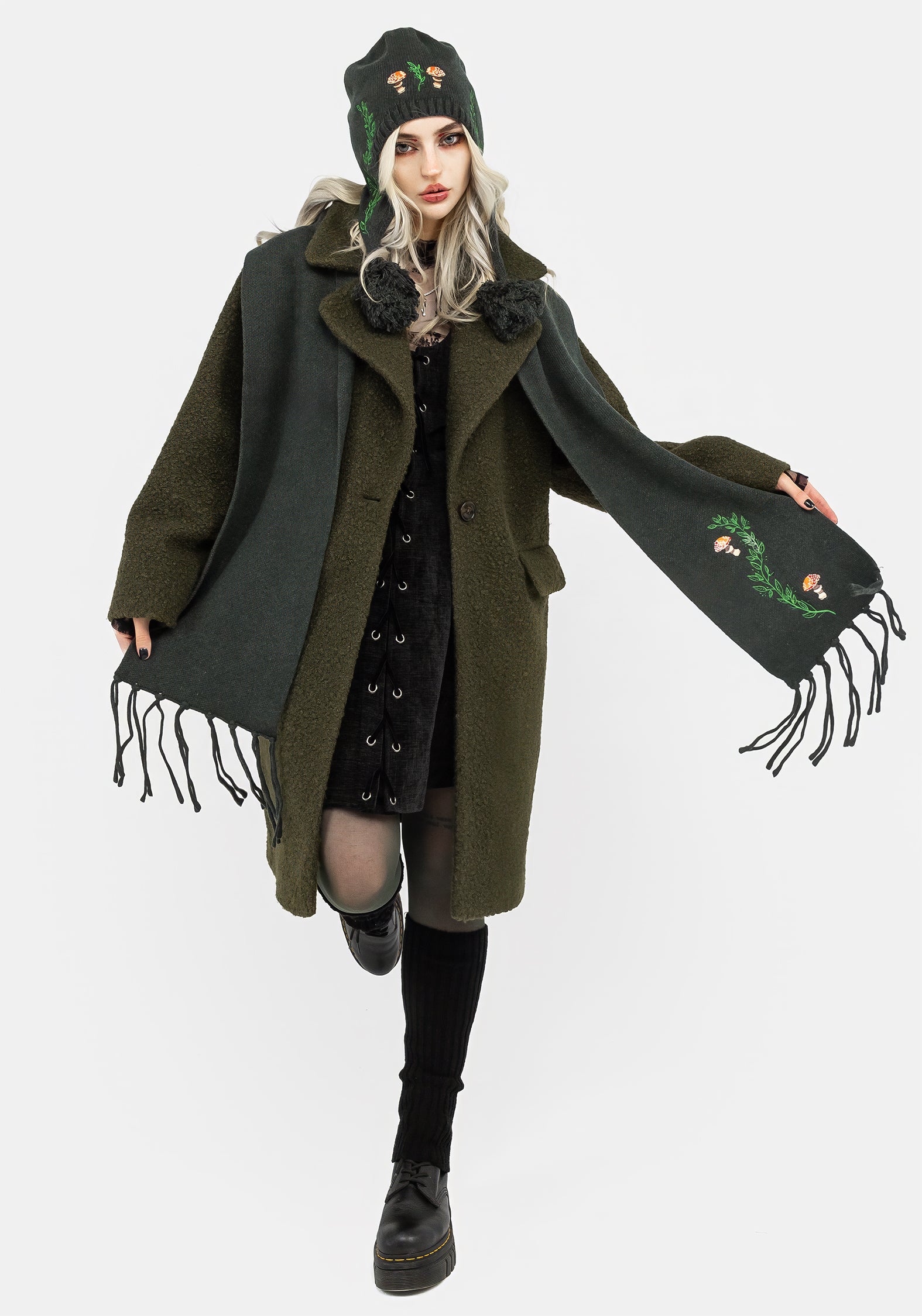Green Mushroom Embroidered Knit Scarf - Soft & Stretchy | Fable