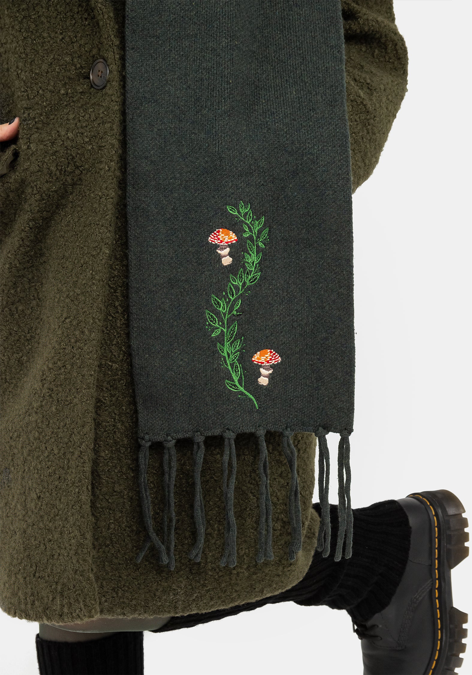 Green Mushroom Embroidered Knit Scarf - Soft & Stretchy | Fable