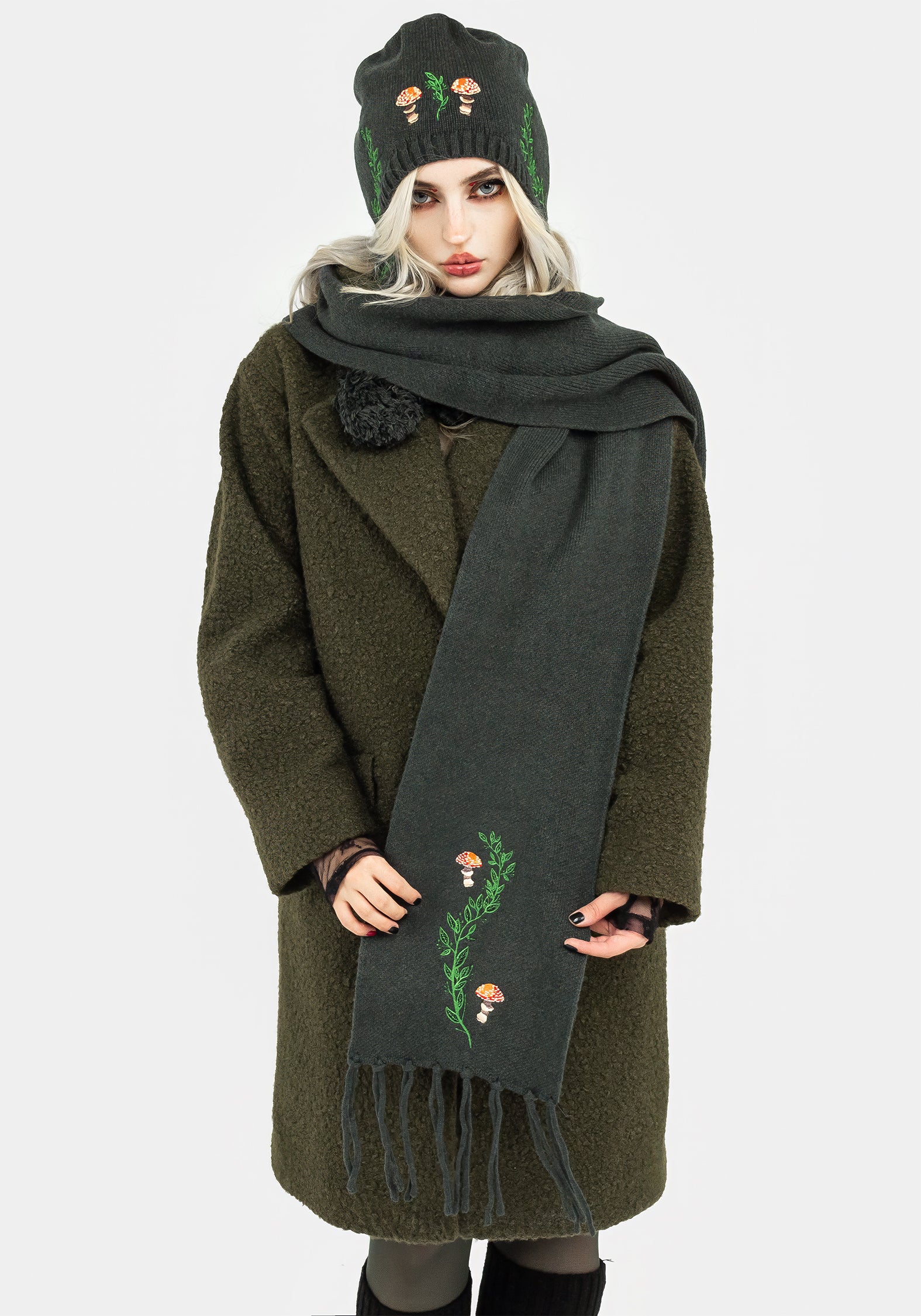 Green Mushroom Embroidered Knit Scarf - Soft & Stretchy | Fable