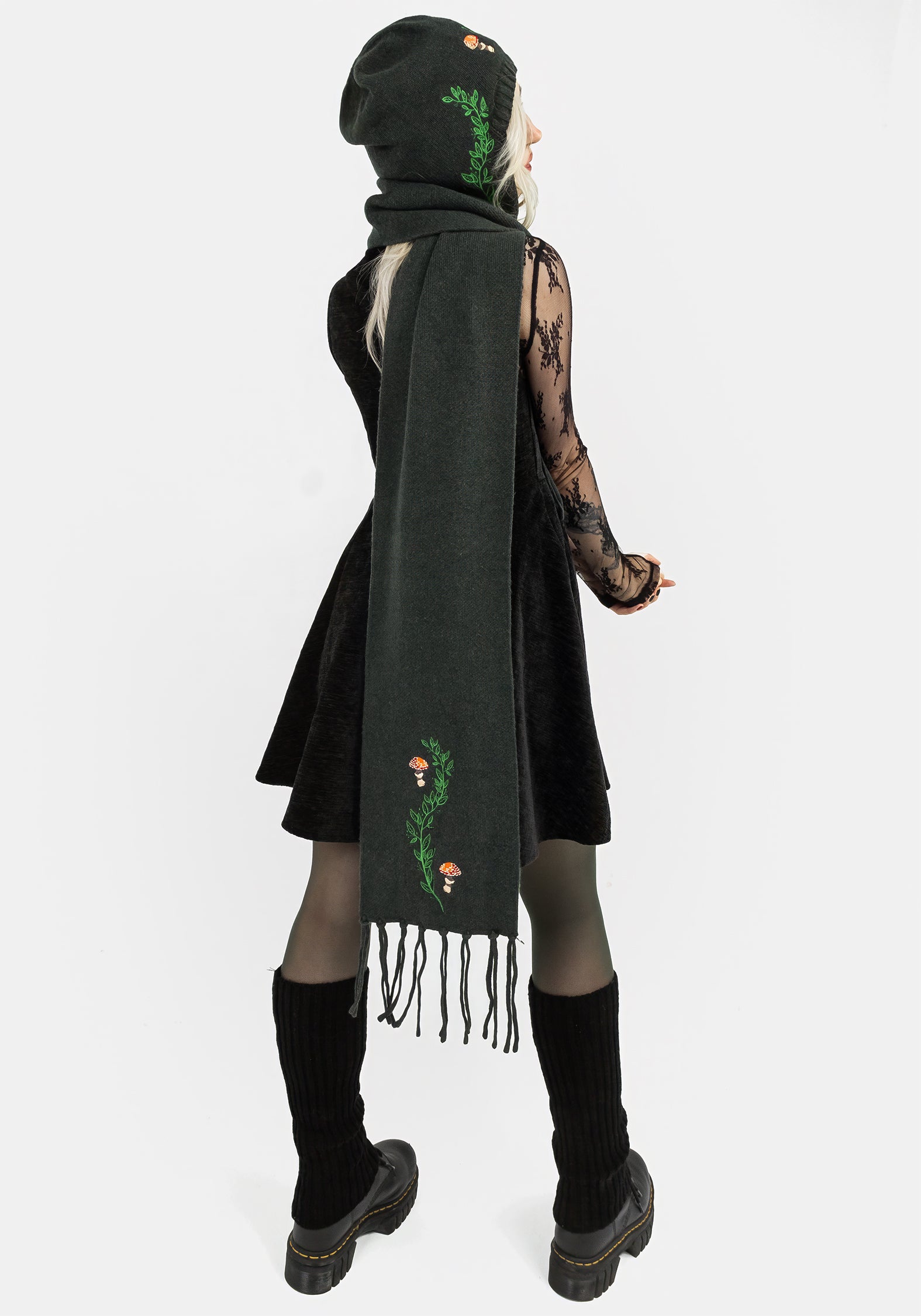Green Mushroom Embroidered Knit Scarf - Soft & Stretchy | Fable