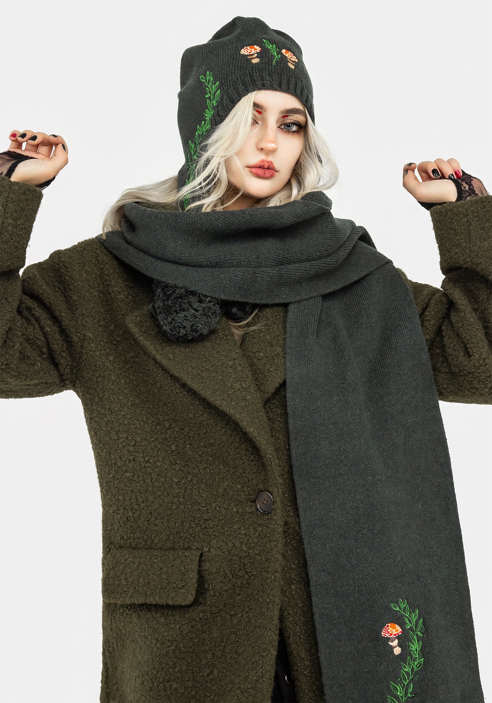 Green Mushroom Embroidered Knit Scarf - Soft & Stretchy | Fable